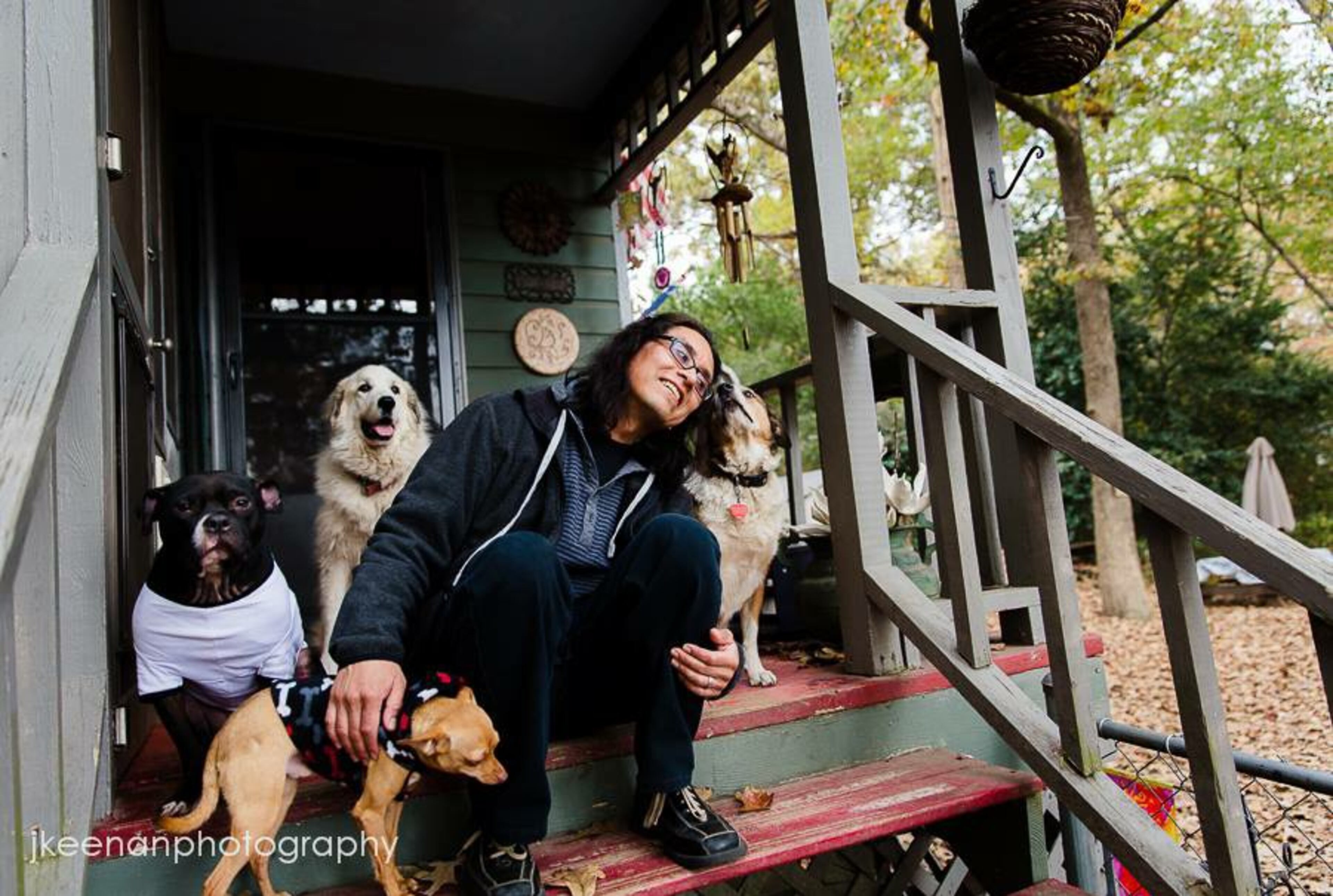 John Jaramillo, who specialized in flamenco and Native American dance, was once the lead dancer in a children’s show at the Smithsonian Institution’s National Museum of the American Indian. The production was based on folk tales handed down by Jaramillo’s great-grandfather. Jaramillo, shown here with his and Therra's rescue animals, died of brain cancer in 2014. He was 50. Photo: Jennifer Keenan Giliberto, used with permission.