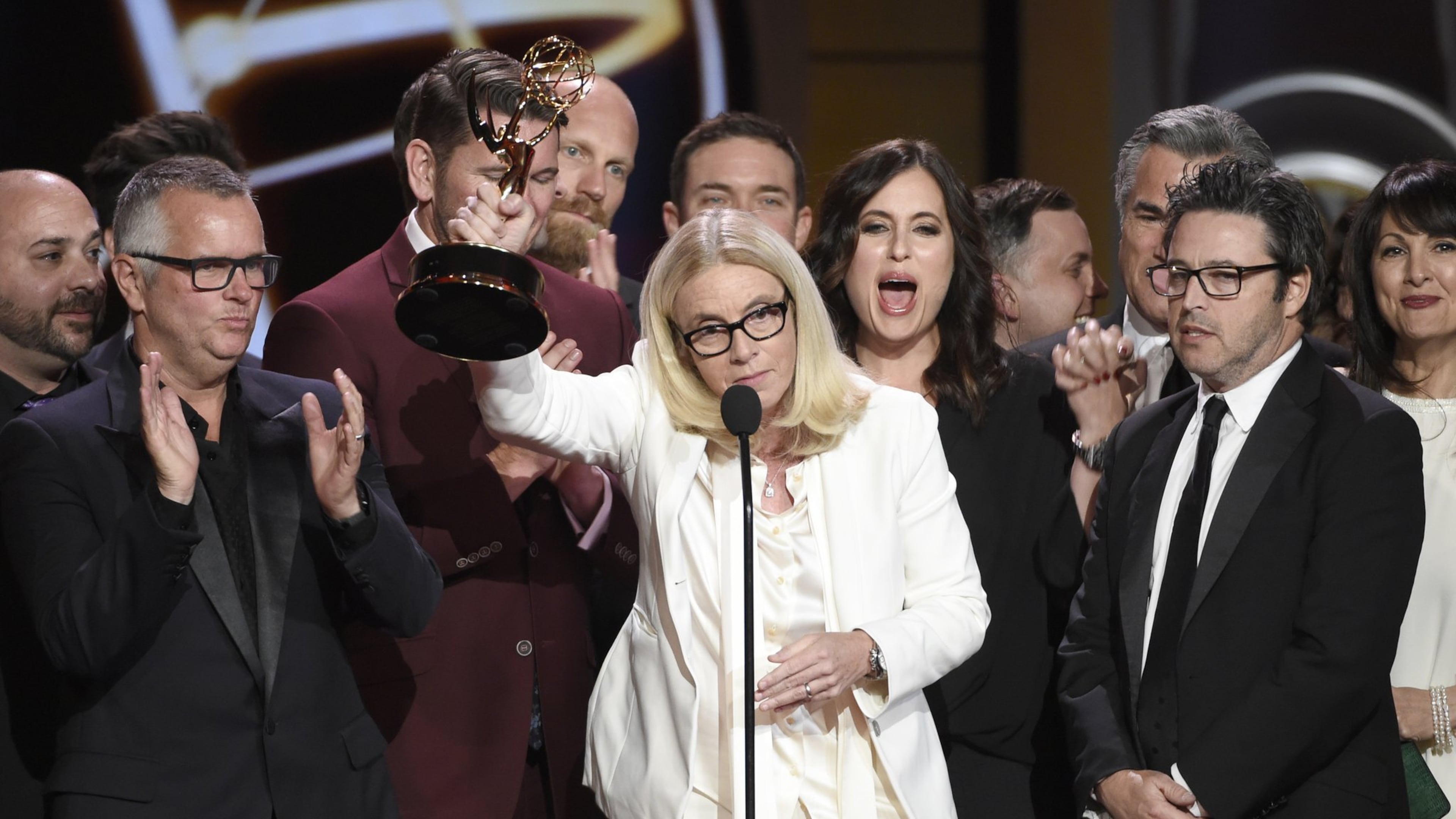 Mary Connelly, center, accepts the award for outstanding entertainment talk show for “The Ellen DeGeneres Show” at the 44th annual Daytime Emmy Awards Sunday. Contributed by Chris Pizzello/Invision/AP