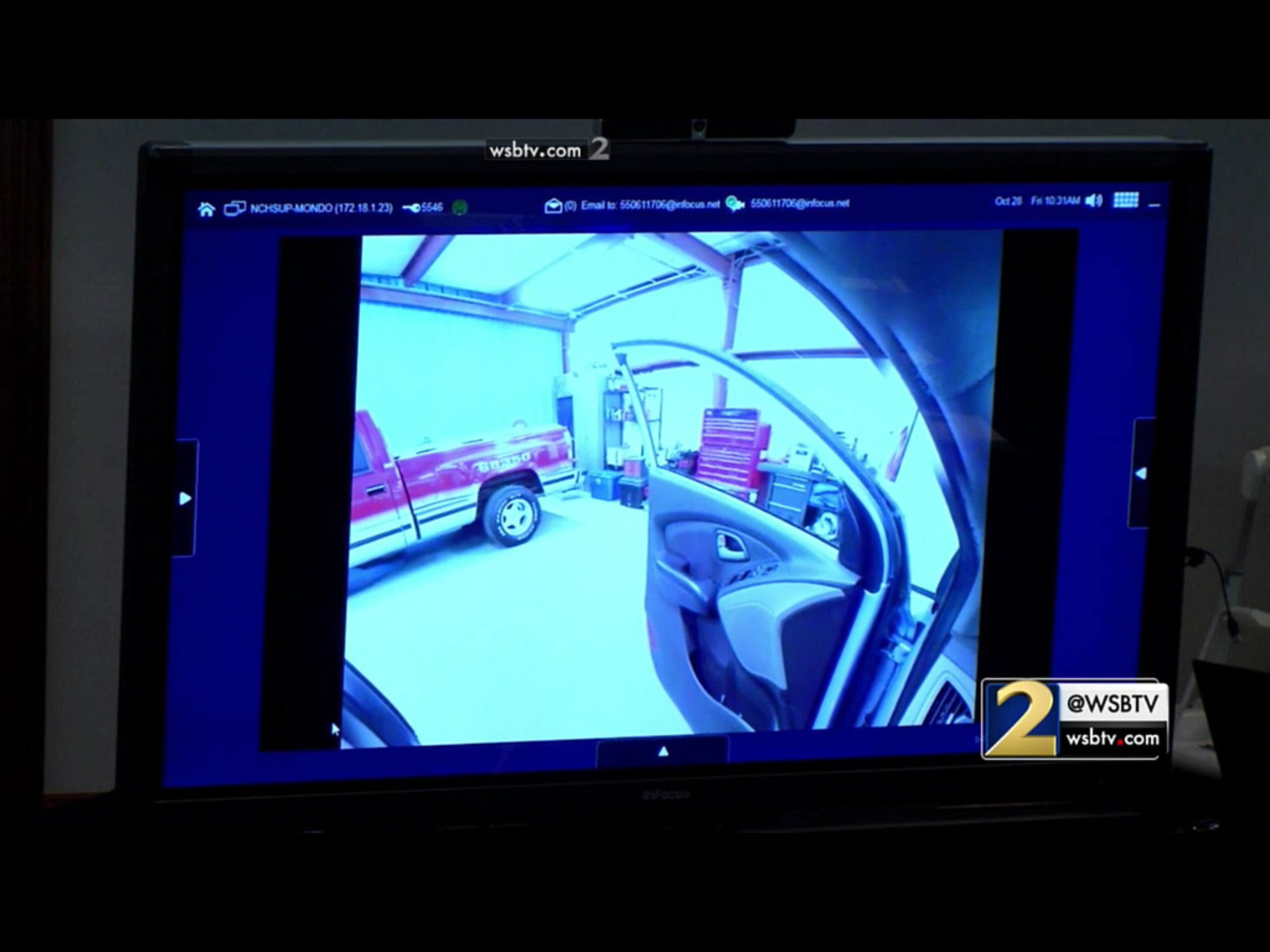 Prosecutors show images from a panoramic photo taken inside Justin Ross Harris' SUV, as taken by a 3D scanner, during Harris' murder trial at the Glynn County Courthouse in Brunswick, Ga., on Friday, Oct. 28, 2016. The photos were taken from approximately the eye level of a driver, but Harris' defense has hotly argued whether these "sight lines" are accurate to what Harris would have actually seen. (screen capture via WSB-TV)