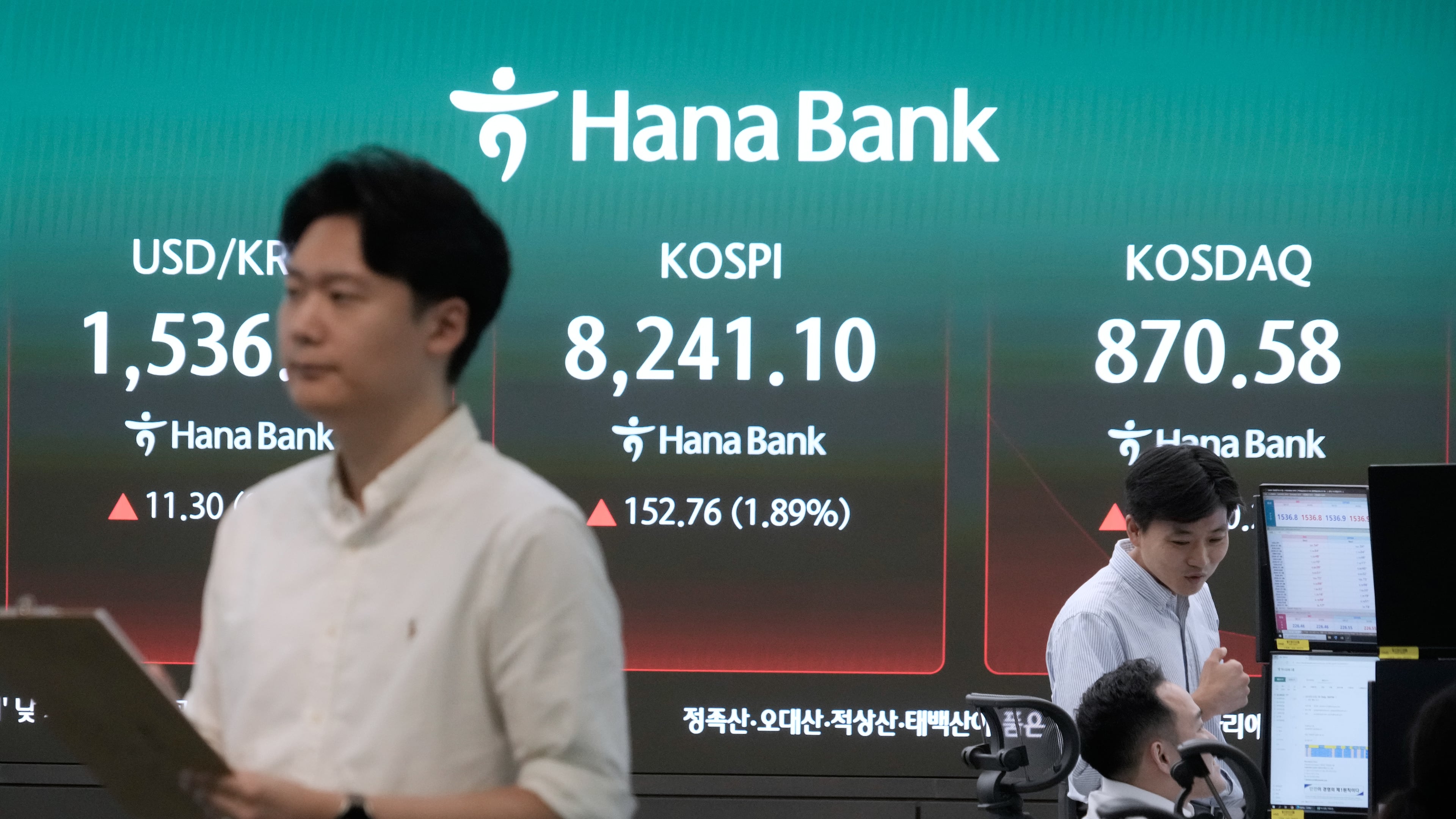 Currency traders work near a screen showing the Korea Composite Stock Price Index (KOSPI) and the foreign exchange rate between U.S. dollar and South Korean won at the foreign exchange dealing room of the Hana Bank headquarters in Seoul, South Korea, Monday, July 6, 2026. (AP Photo/Ahn Young-joon)