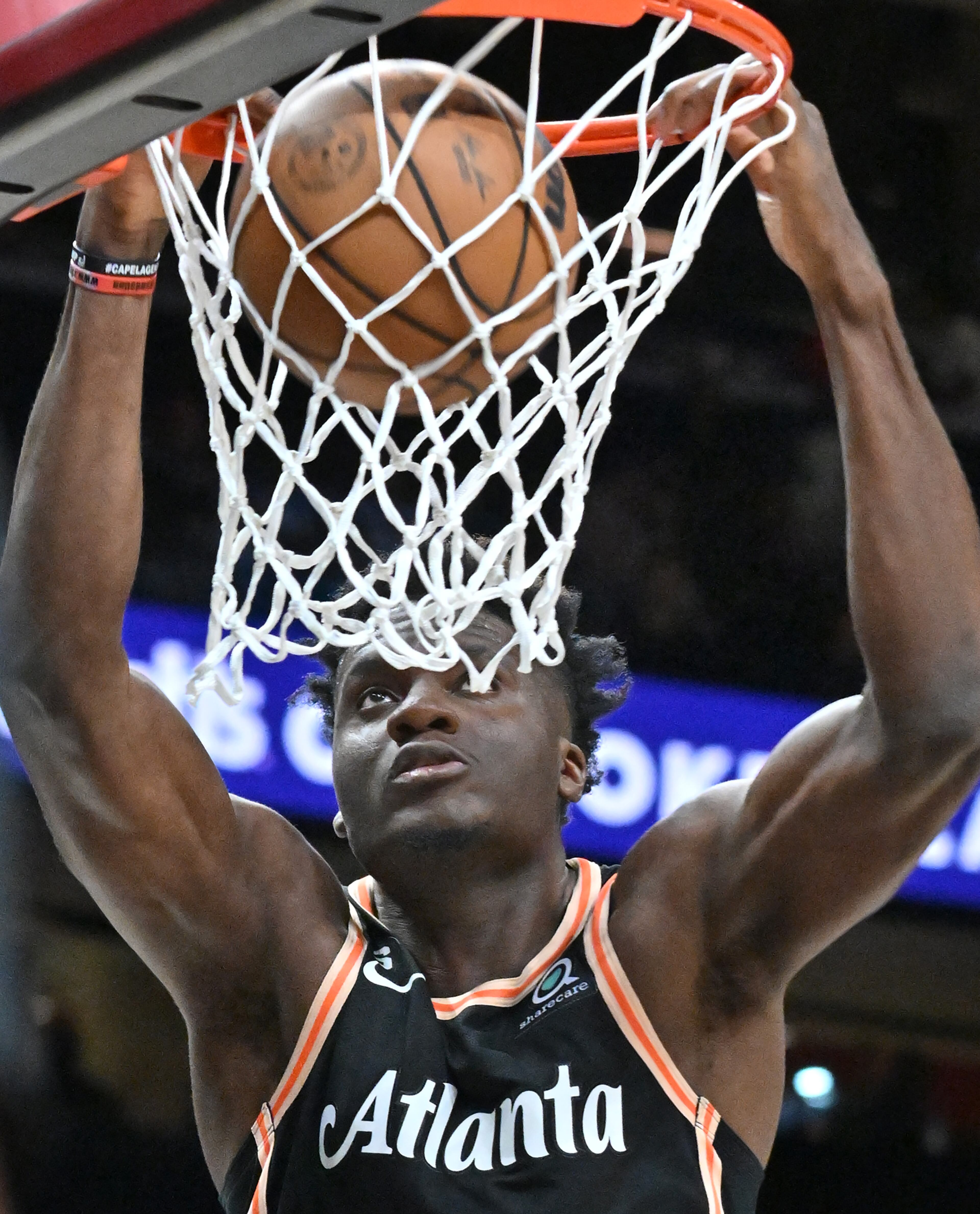 Hawks' center Clint Capela (15) dunks the ball during the first half in an NBA basketball game at State Farm Arena on Thursday, November 10, 2022. (Hyosub Shin / Hyosub.Shin@ajc.com)