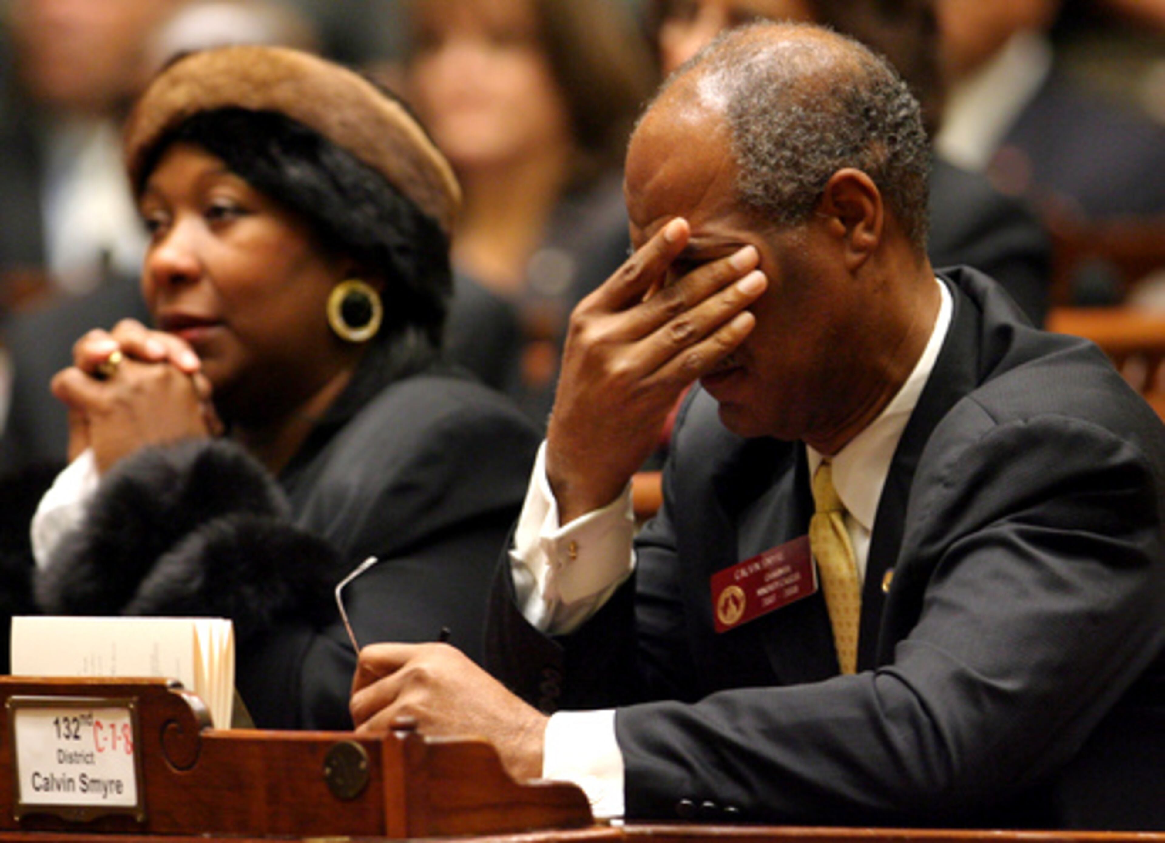 State Rep. Calvin Smyre (D-Columbus) shows his emotions. Murphy's family smiled through their tears at stories of long-ago-fought political battles recounted Friday by foes and friends.