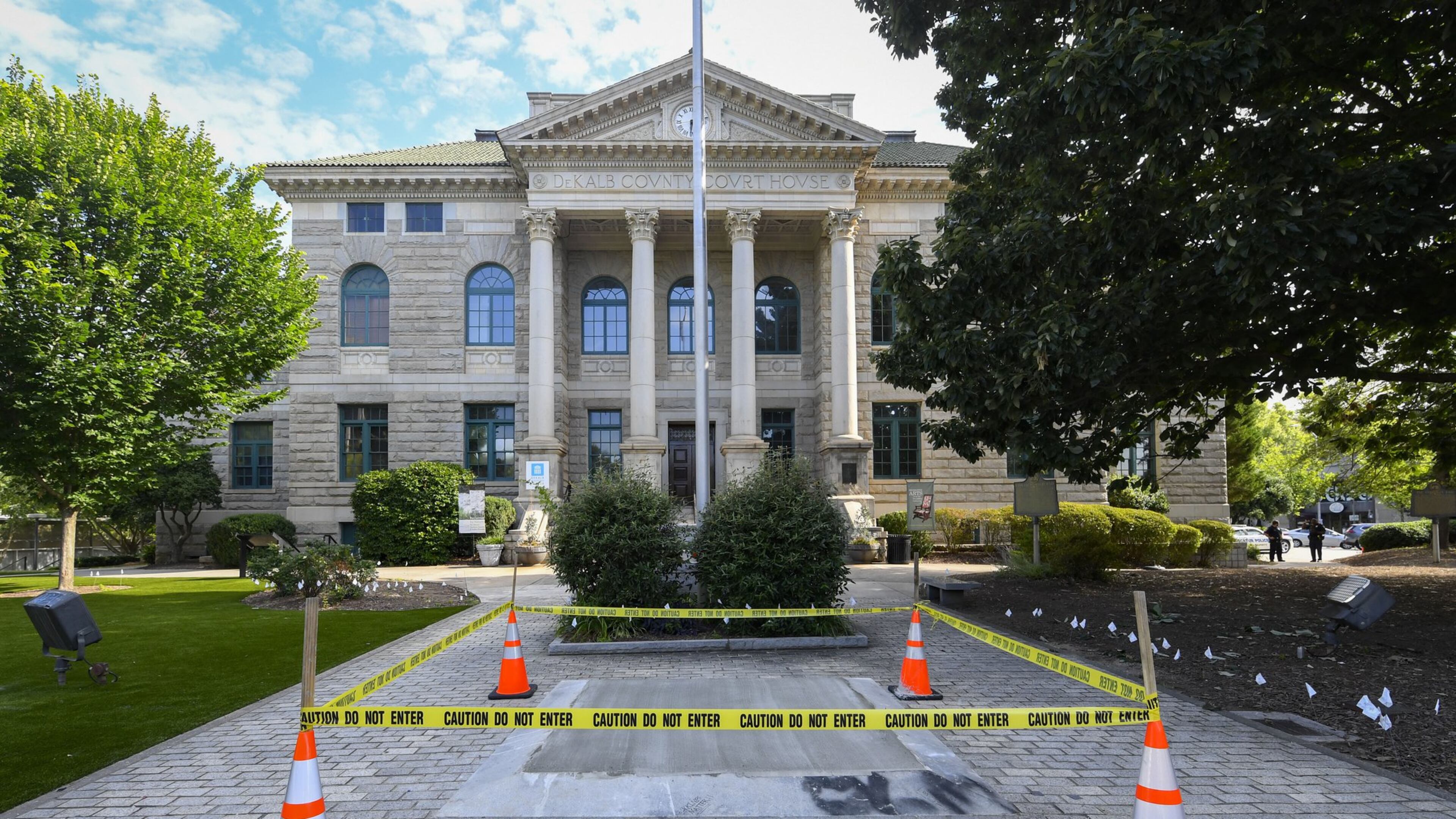 The spot where an obelisk Confederate monument once stood on the courthouse grounds, is shown before a press conference occurs in reference to it on Friday June 19, 2020, in Decatur. DeKalb Superior Court Judge Clarence Seeliger declared the monument that was erected in 1908 by the United Daughters of the Confederacy, to be a public nuisance that should be removed. It was removed last night. JOHN AMIS FOR THE ATLANTA JOURNAL-CONSTITUTION