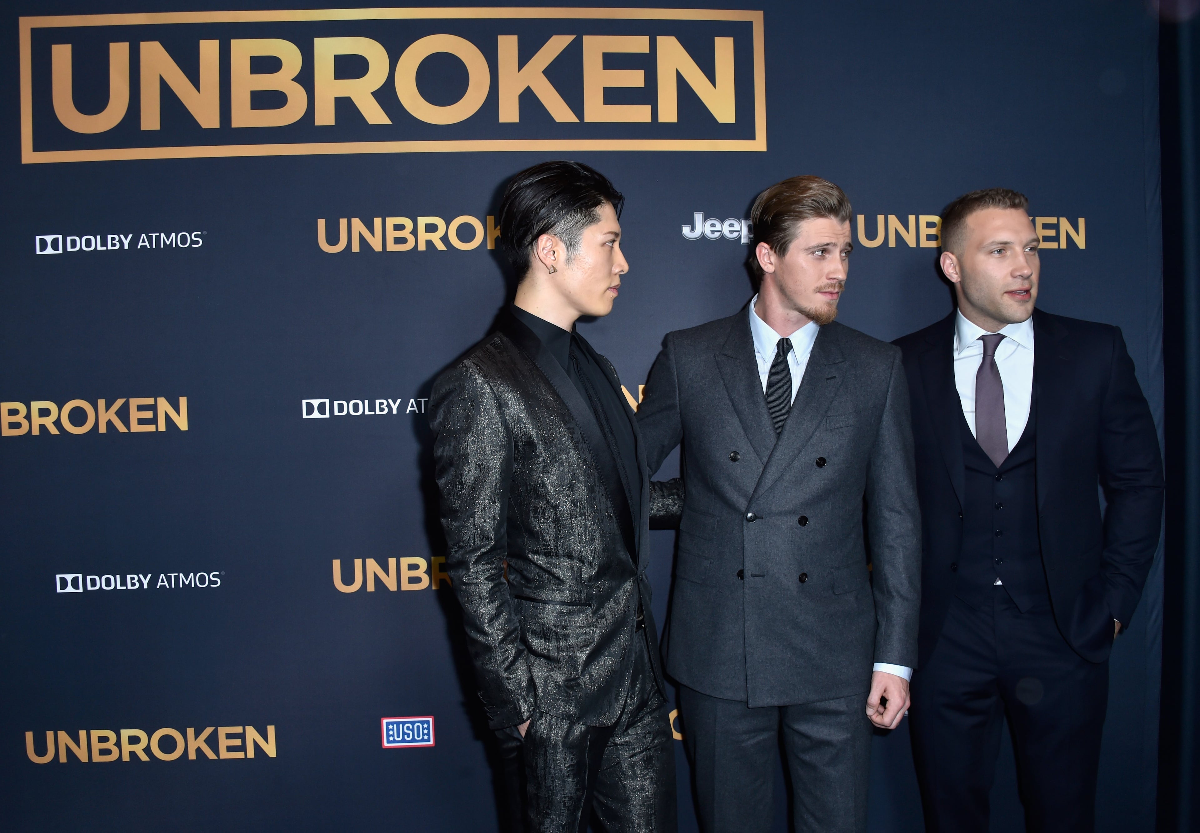 HOLLYWOOD, CA - DECEMBER 15: Actors Miyavi, Garrett Hedlund, and Jai Courtney attend the Premiere Of Universal Studios' "Unbroken" at TCL Chinese Theatre on December 15, 2014 in Hollywood, California. (Photo by Frazer Harrison/Getty Images)