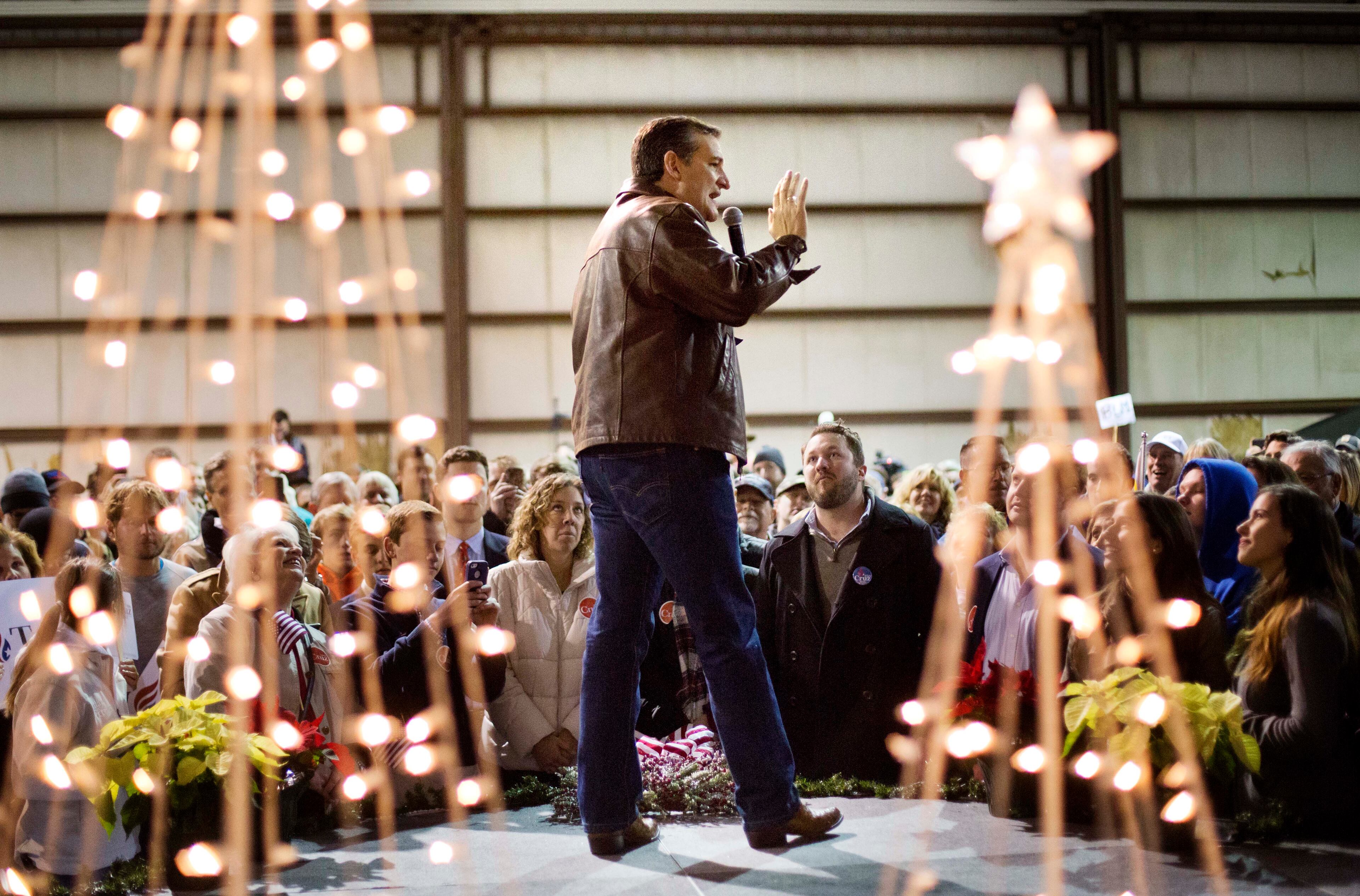 Republican presidential candidate, Sen. Ted Cruz, R-Texas, speaks during a campaign event in an airport hanger Friday, Dec. 18, 2015, in Kennesaw, Ga. (AP Photo/David Goldman)