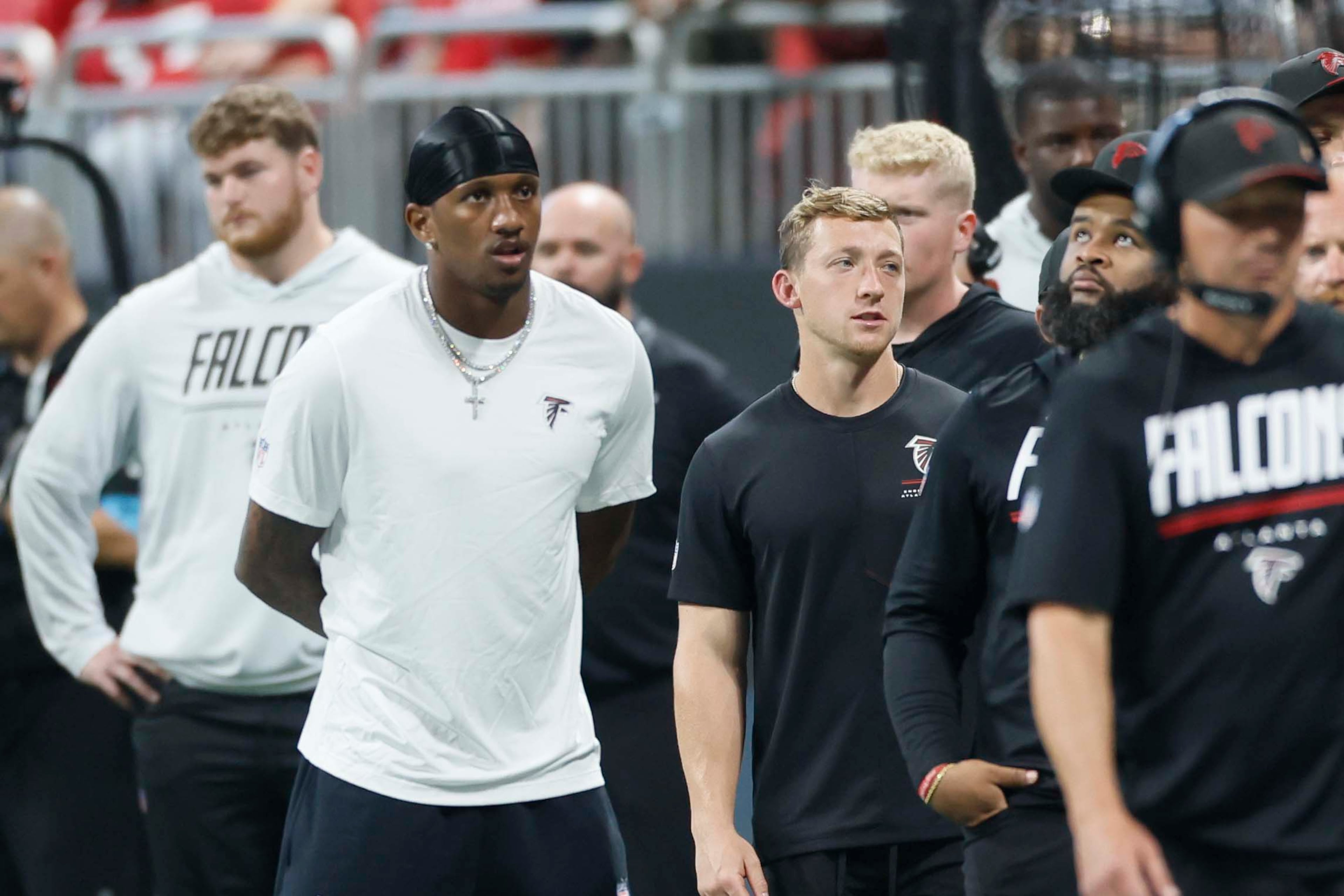 Atlanta Falcons quarterback Michael Penix Jr. (9) looks in disbelief after seeing his team fail to get offensive plays in the second half of an NFL game against the Carolina Panthers at Mercedes-Benz Stadium in Atlanta on Sunday, Sept. 20, 2026. (Miguel Martinez/AJC)