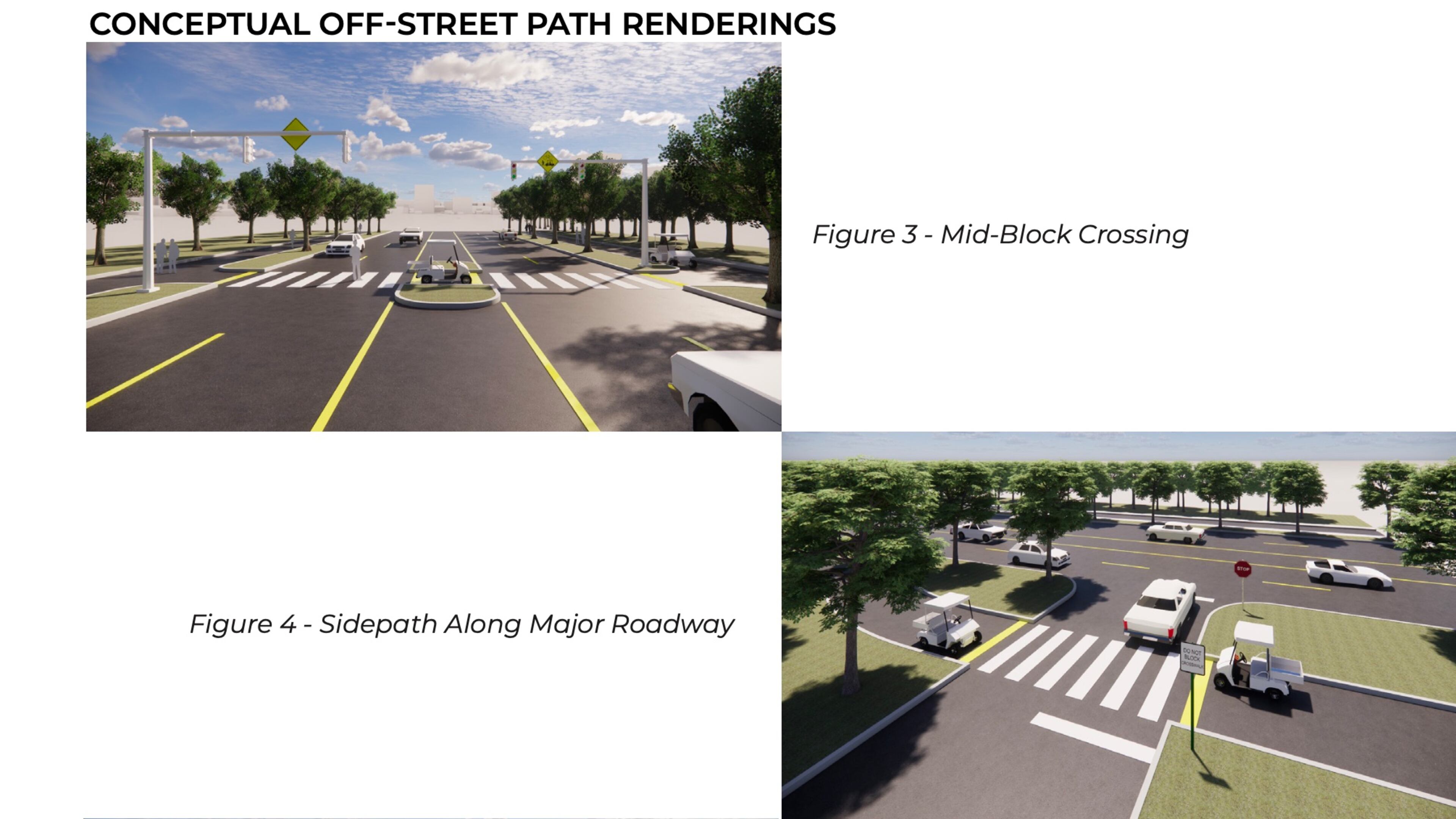 These images from Milton's recently approved Personal Transportation Vehicle Plan show off-street paths for golf carts. (Courtesy City of Milton)