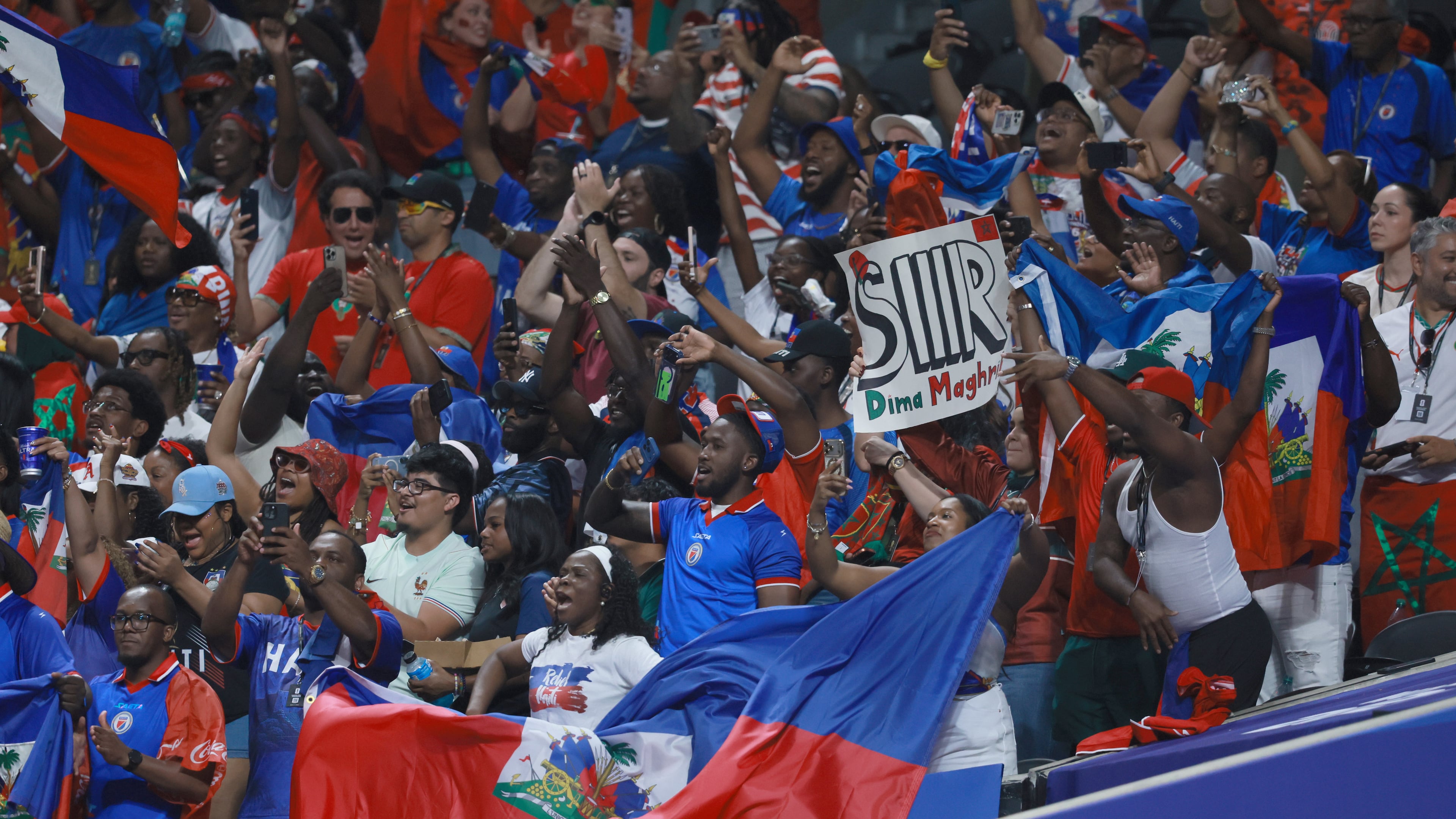 Haiti fans cheer their team despite loss to Morocco in a Group C FIFA World Cup match at Atlanta Stadium (Mercedes-Benz Stadium) on Wednesday, June 24, 2026. (Jason Getz/AJC)