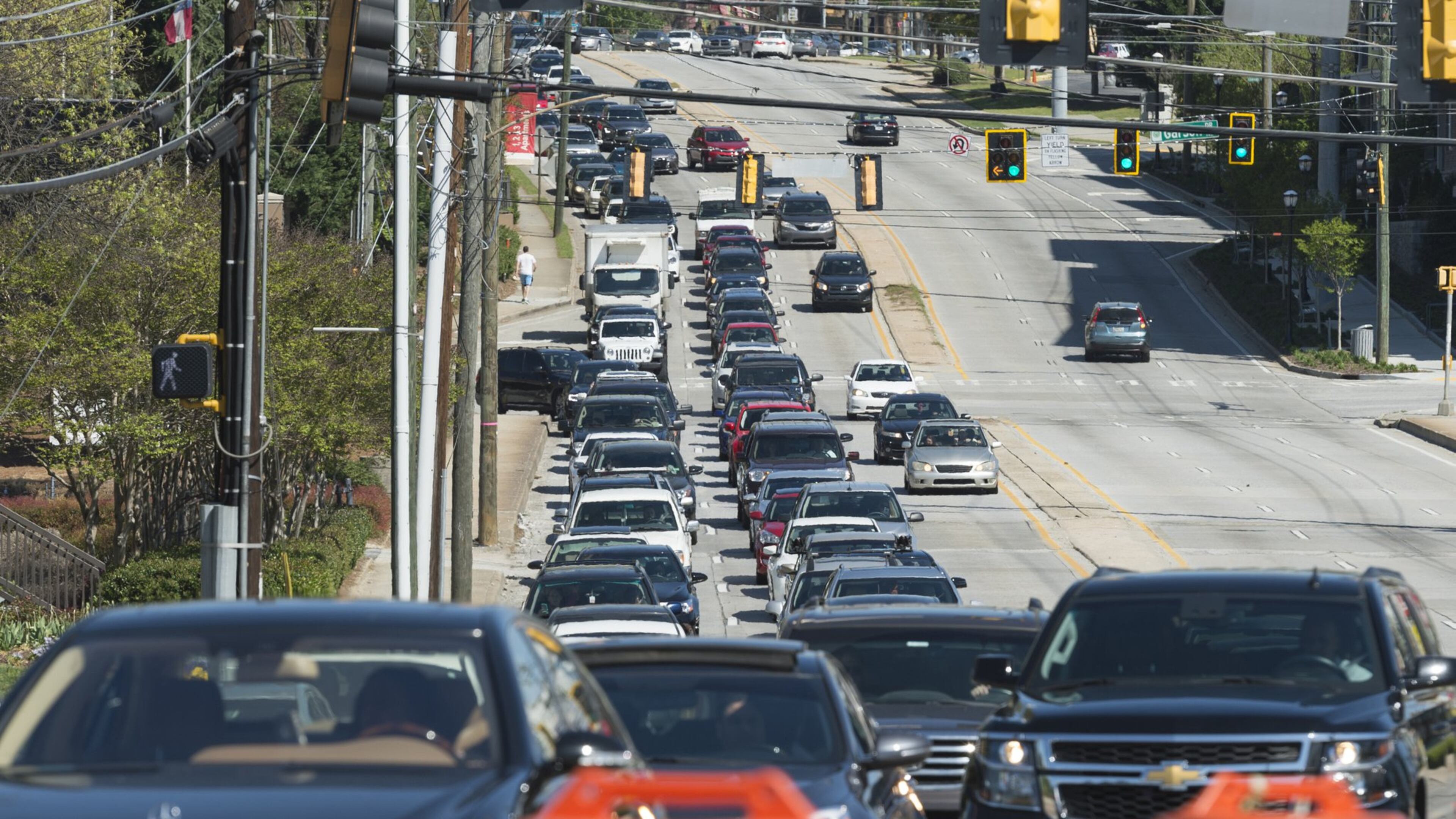 Traffic backs up along southbound Piedmont Road on April 2, 2017. Debris was being cleared after the I-85 fire and bridge collapse on March 30. (DAVID BARNES / DAVID.BARNES@AJC.COM)