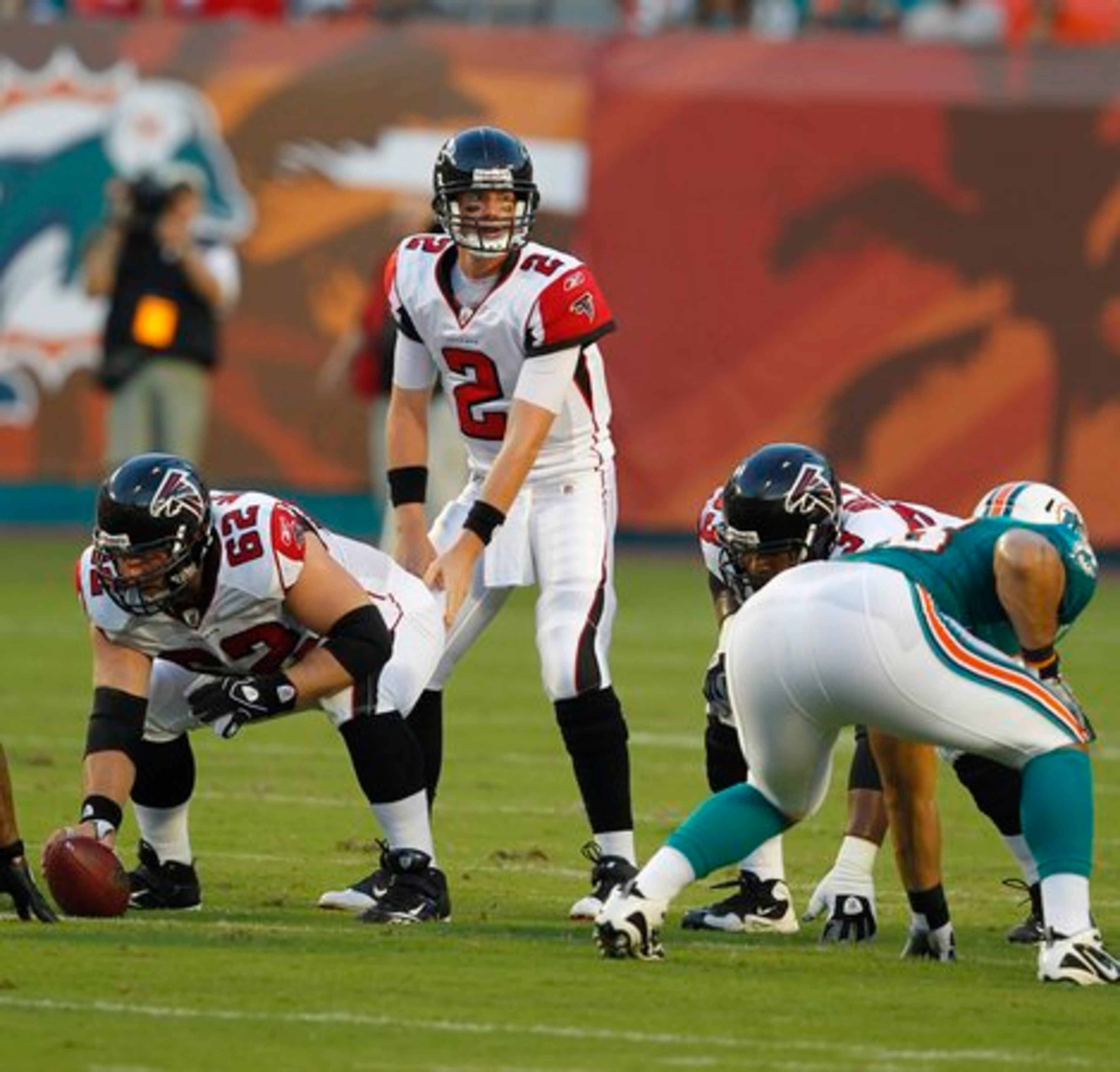 Atlanta Falcons quarterback Matt Ryan (2) calls signals during first quarter NFL preseason football action against the Miami Dolphins in Miami, Friday, Aug. 27, 2010.