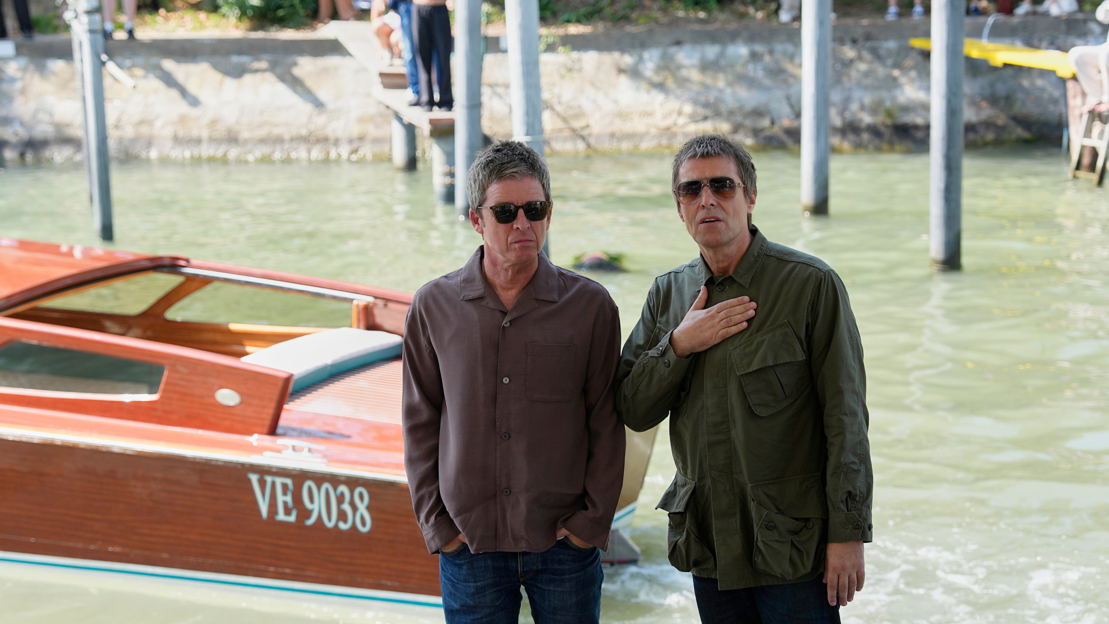 Noel Gallagher, left, and Liam Gallagher arrive at the 83rd edition of the Venice Film Festival in Venice, Italy, on Saturday, Sept. 5, 2026. (Photo by Alessandra Tarantino/Invision/AP)
