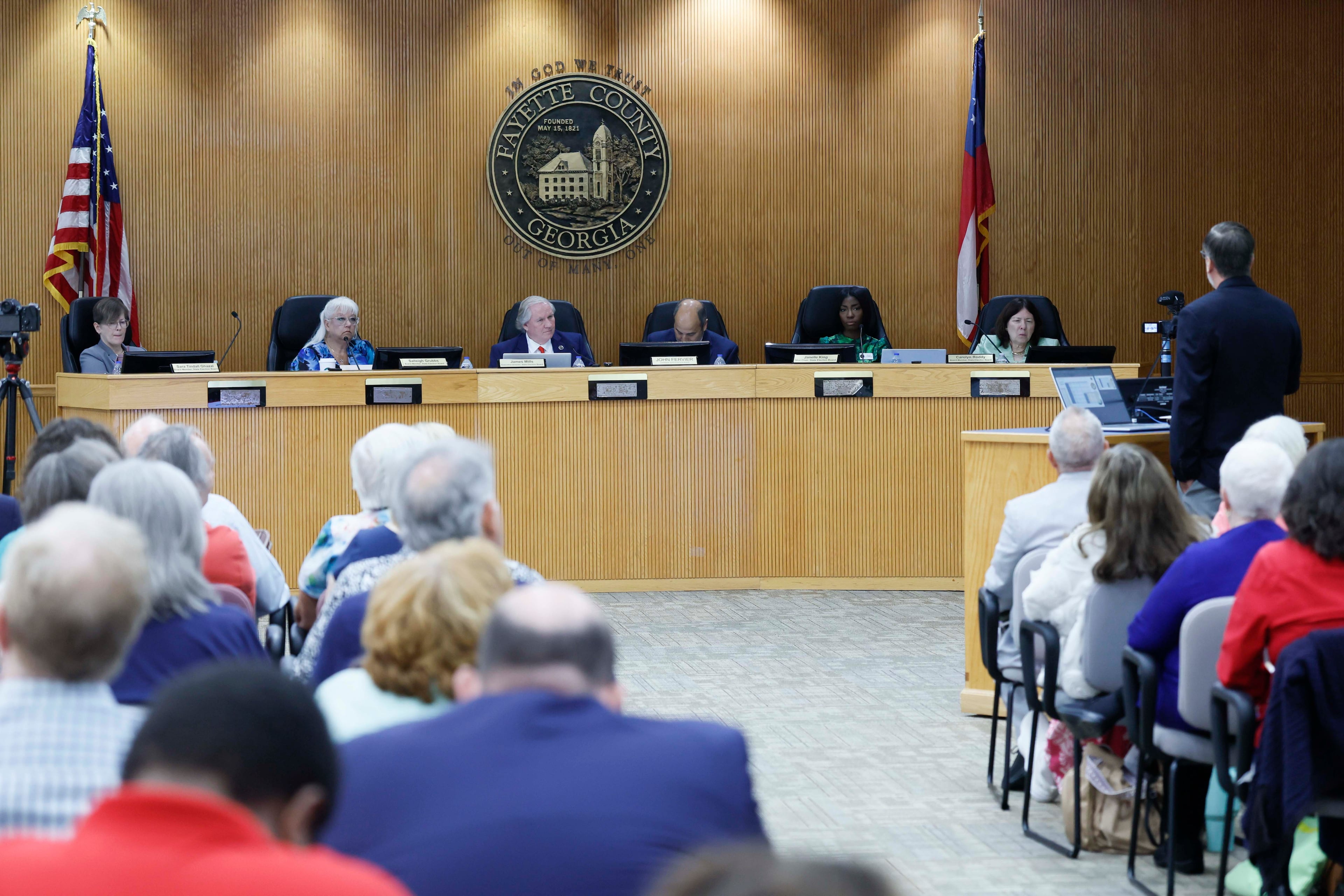 The State Election Board, seen here during a meeting earlier this month at the Fayette County Administration Complex. (Miguel Martinez/AJC)