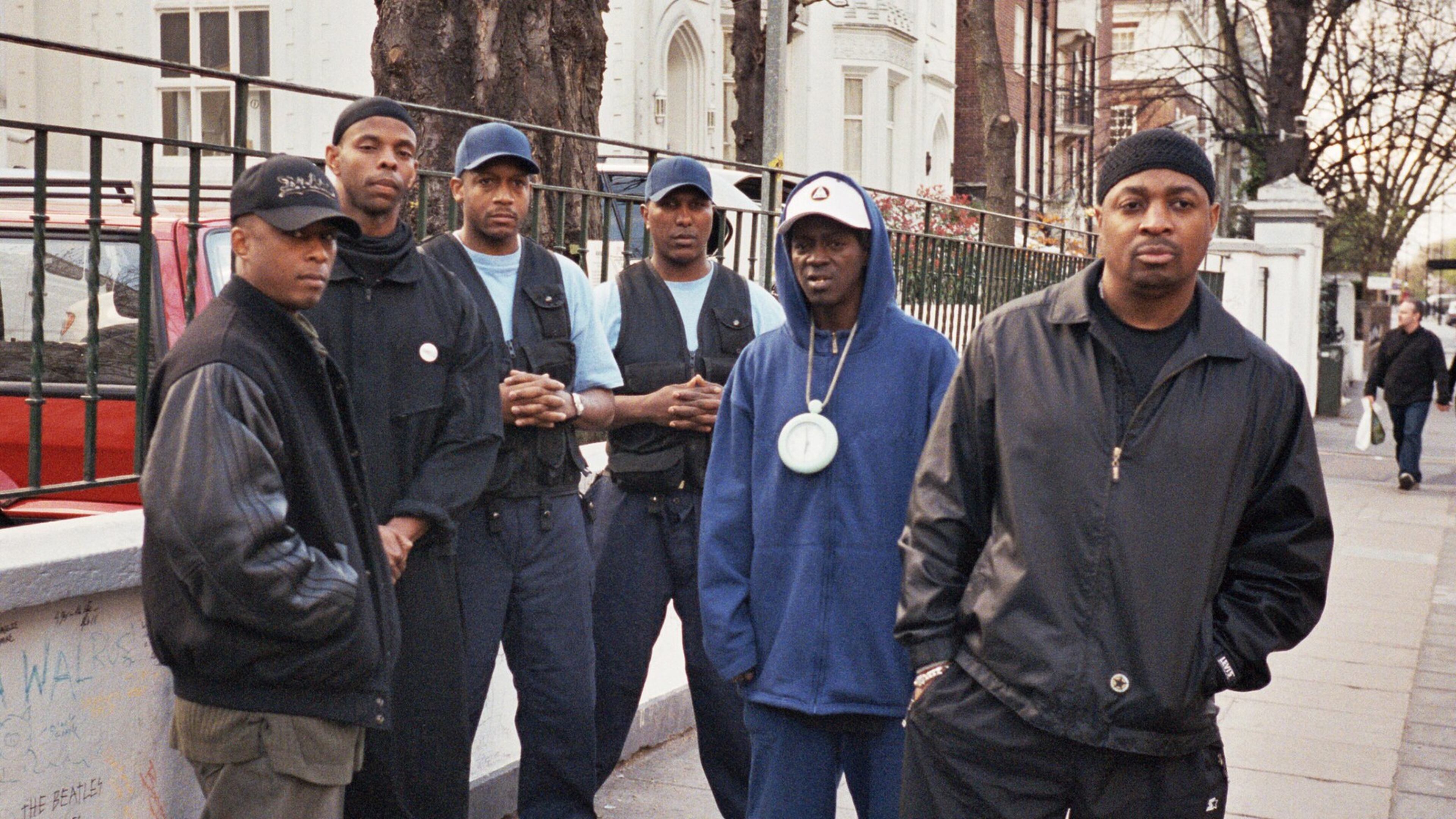 Public Enemy in 2007. Professor Griff, DJ Lord, SW1 Pop Diesel, SW1 James Bomb, Flavor Flav and Chuck D. Missing is original DJ Terminator X, who retired as a full-time member of the group. (Photo by Walter Leaphart)