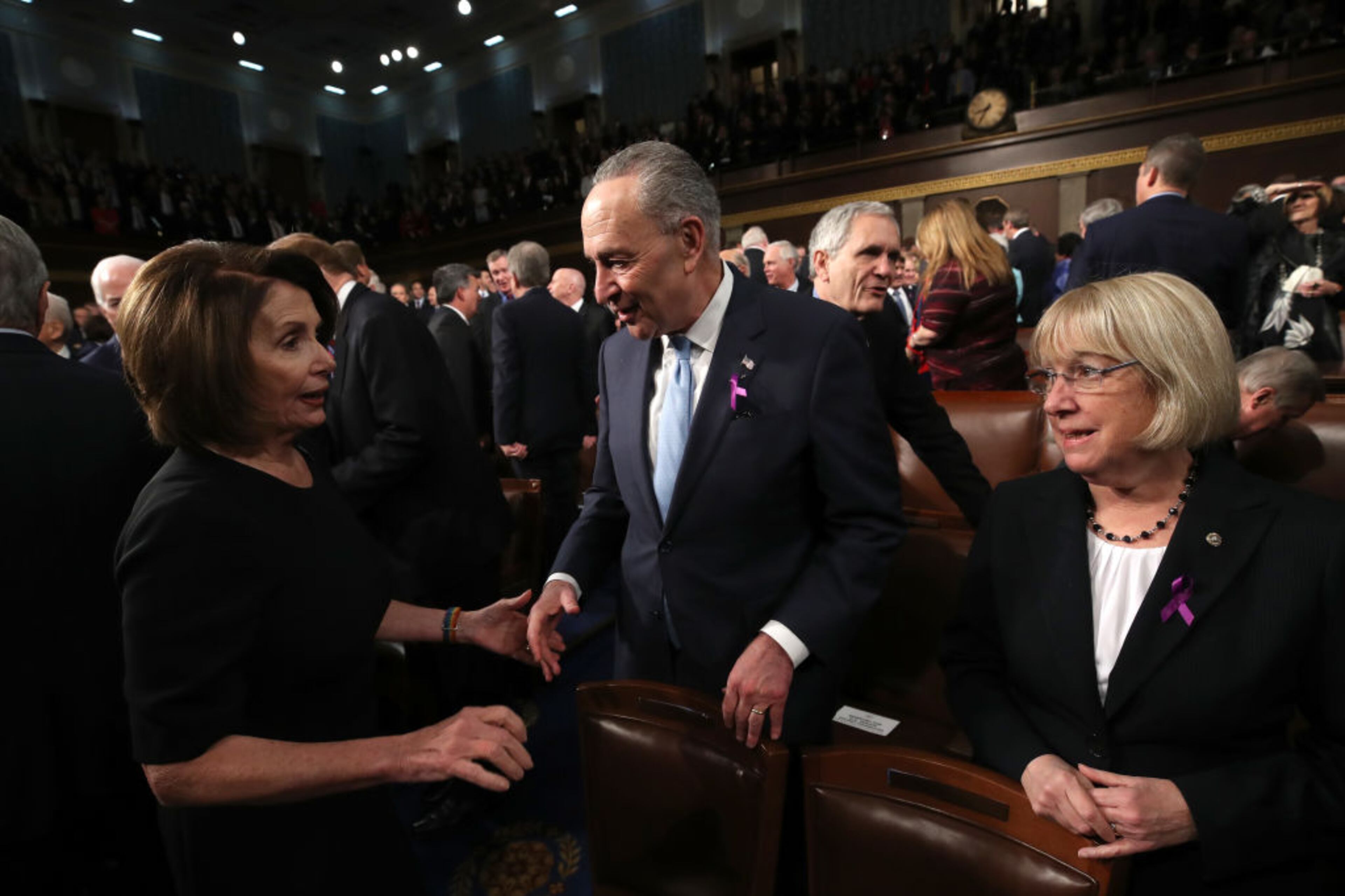 WASHINGTON, DC - JANUARY 30: (L-R) U.S. House Minority Leader Nancy Pelosi (D-CA), U.S. Sen Chuck Schumer (D-NY), Patty Murray (D-WA) during the State of the Union address in the chamber of the U.S. House of Representatives January 30, 2018 in Washington, DC. This is the first State of the Union address given by U.S. President Donald Trump and his second joint-session address to Congress. (Photo by Win McNamee/Getty Images)