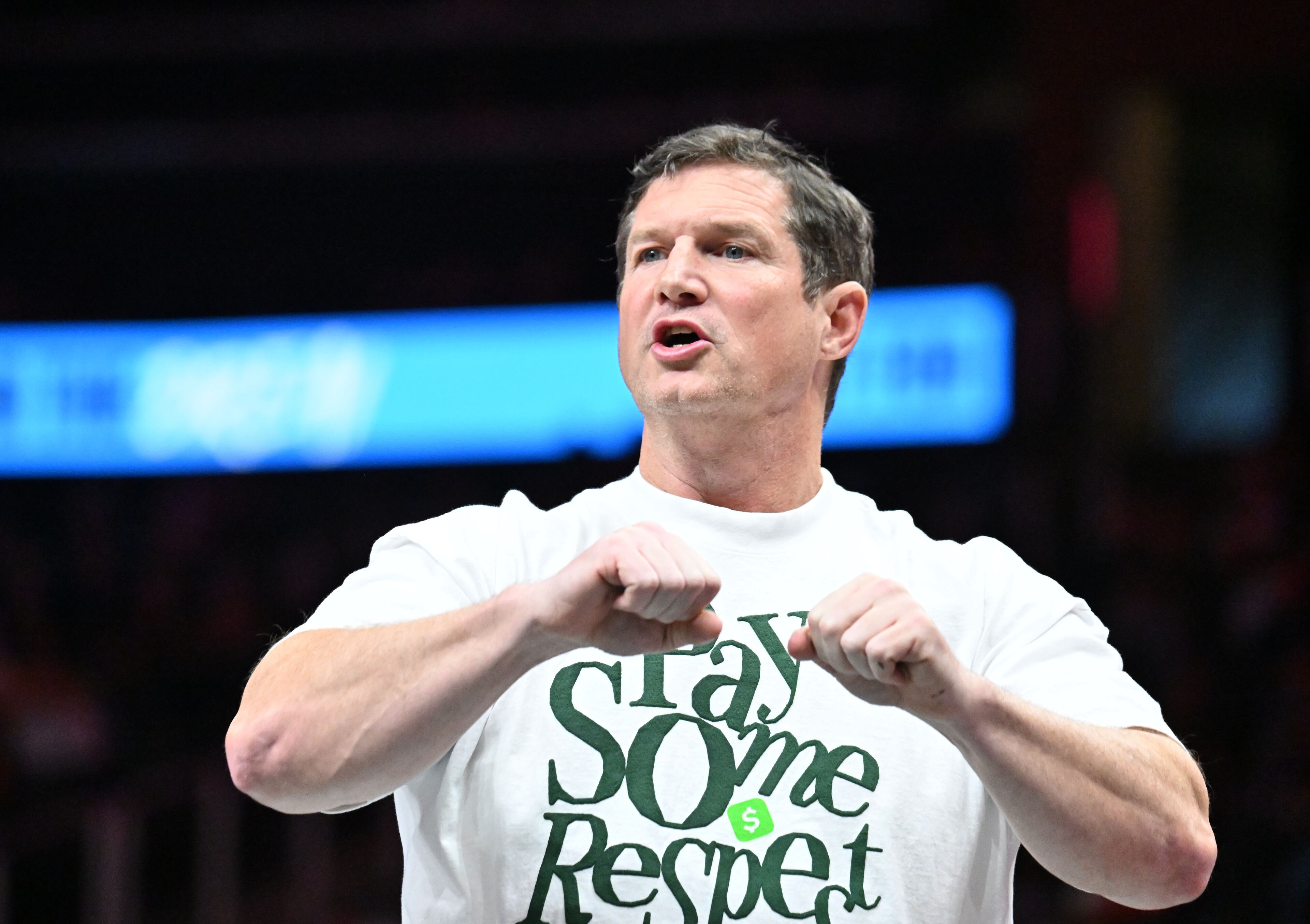 Atlanta Dream head coach Karl Smesko shouts instructions during the first half in Atlanta Dream’s home opener at State Farm Arena, Thursday, May 22, 2025, in Atlanta. (Hyosub Shin / AJC)