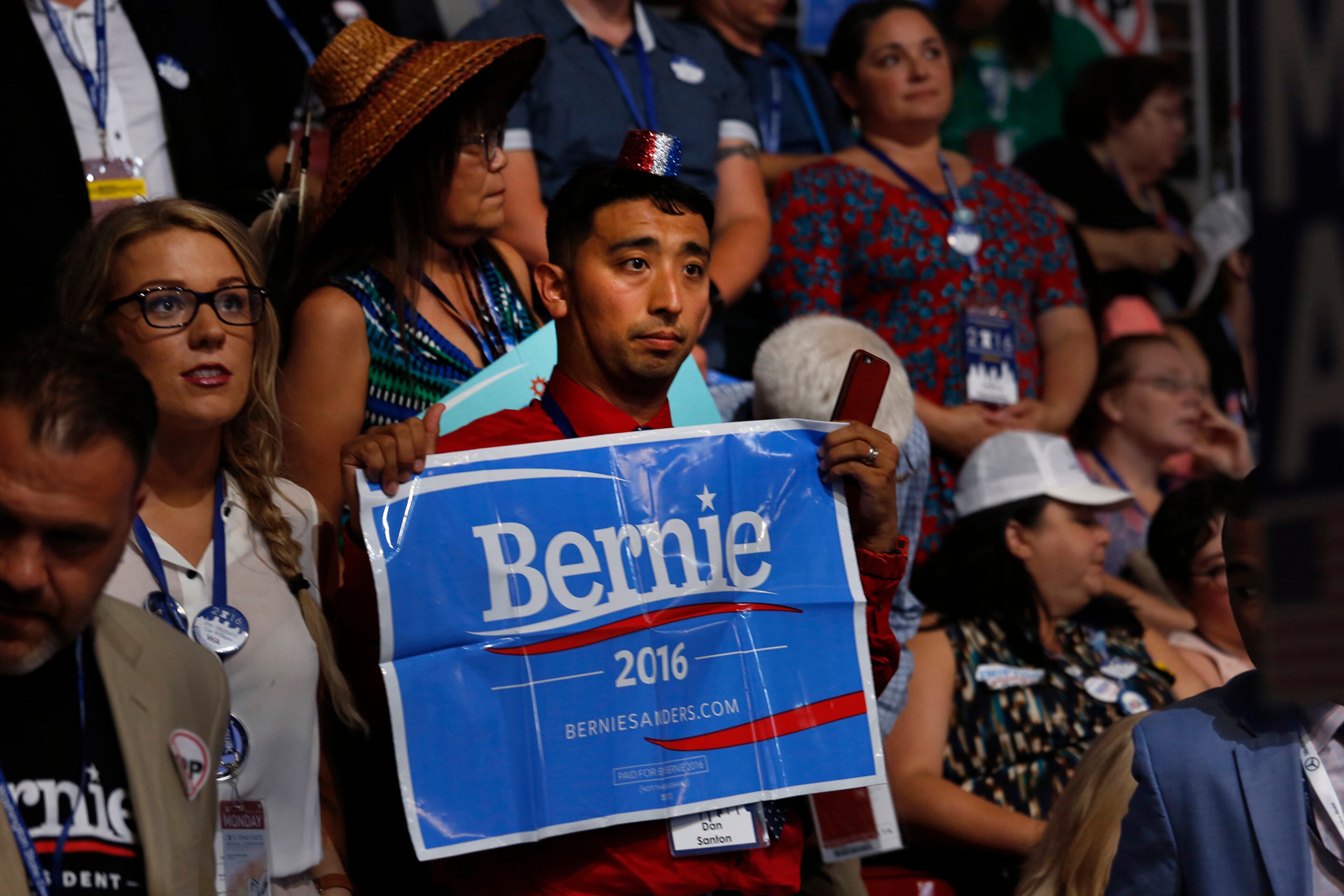 A Bernie Sanders supporter stands quietly on the first night of the Democratic National Convention on Monday, July 25, 2016 in Philadelphia, Pa. (Carolyn Cole/Los Angeles Times/TNS)