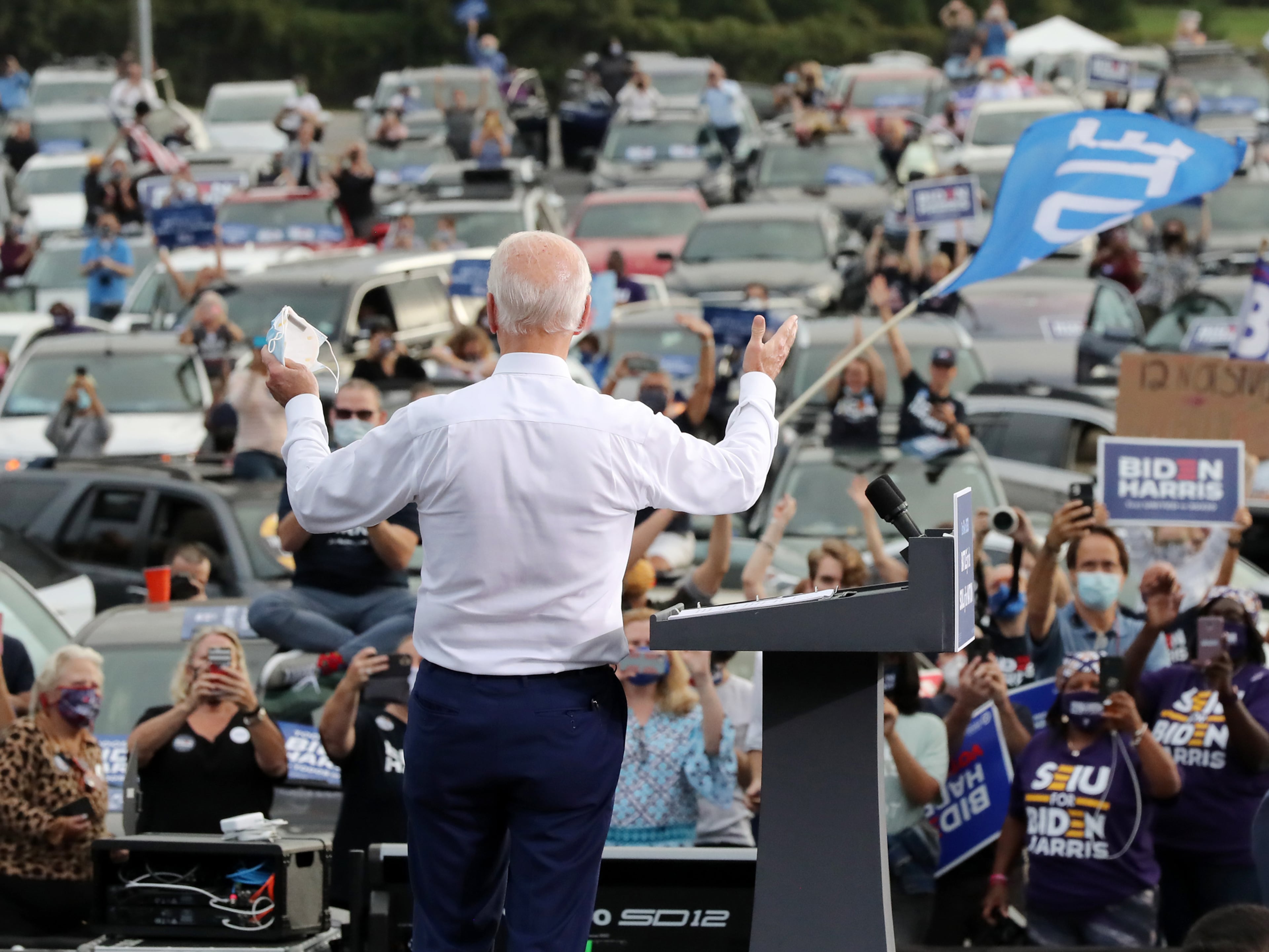 Democratic presidential candidate Joe Biden speaks at a drive-in rally event during his visit to Georgia at the amphitheatre at Lakewood on Tuesday, Oct. 27, 2020 in Atlanta, Georgia. (Curtis Compton/Atlanta Journal-Constitution/TNS)