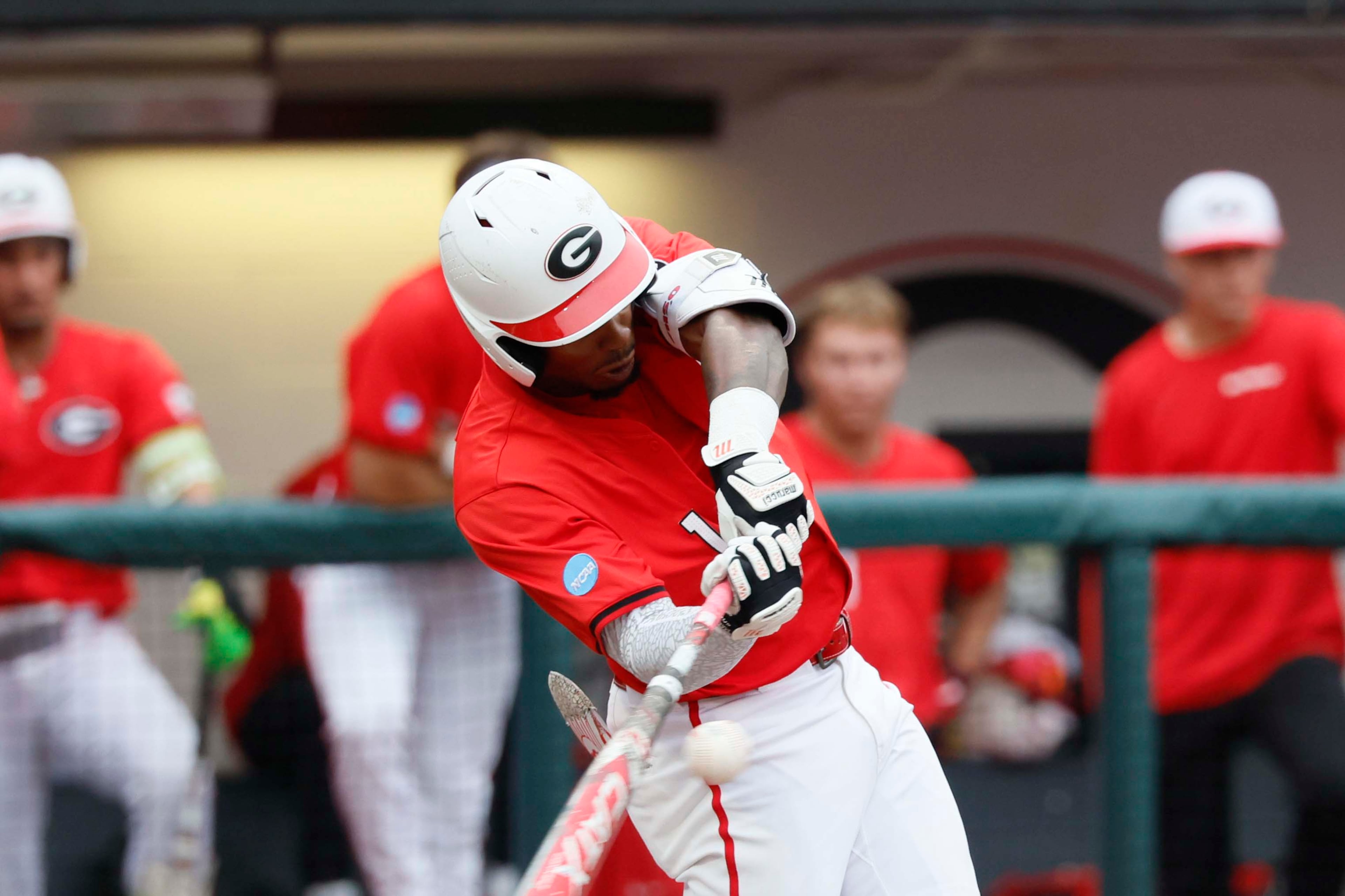 Georgia Bulldogs infielder Tre Phelps (1) hits the ball for a two-run home run during the sixth inning of their NCAA Regional final game at Foley Field on Sunday, May 31, 2026, in Athens. (Miguel Martinez/AJC)