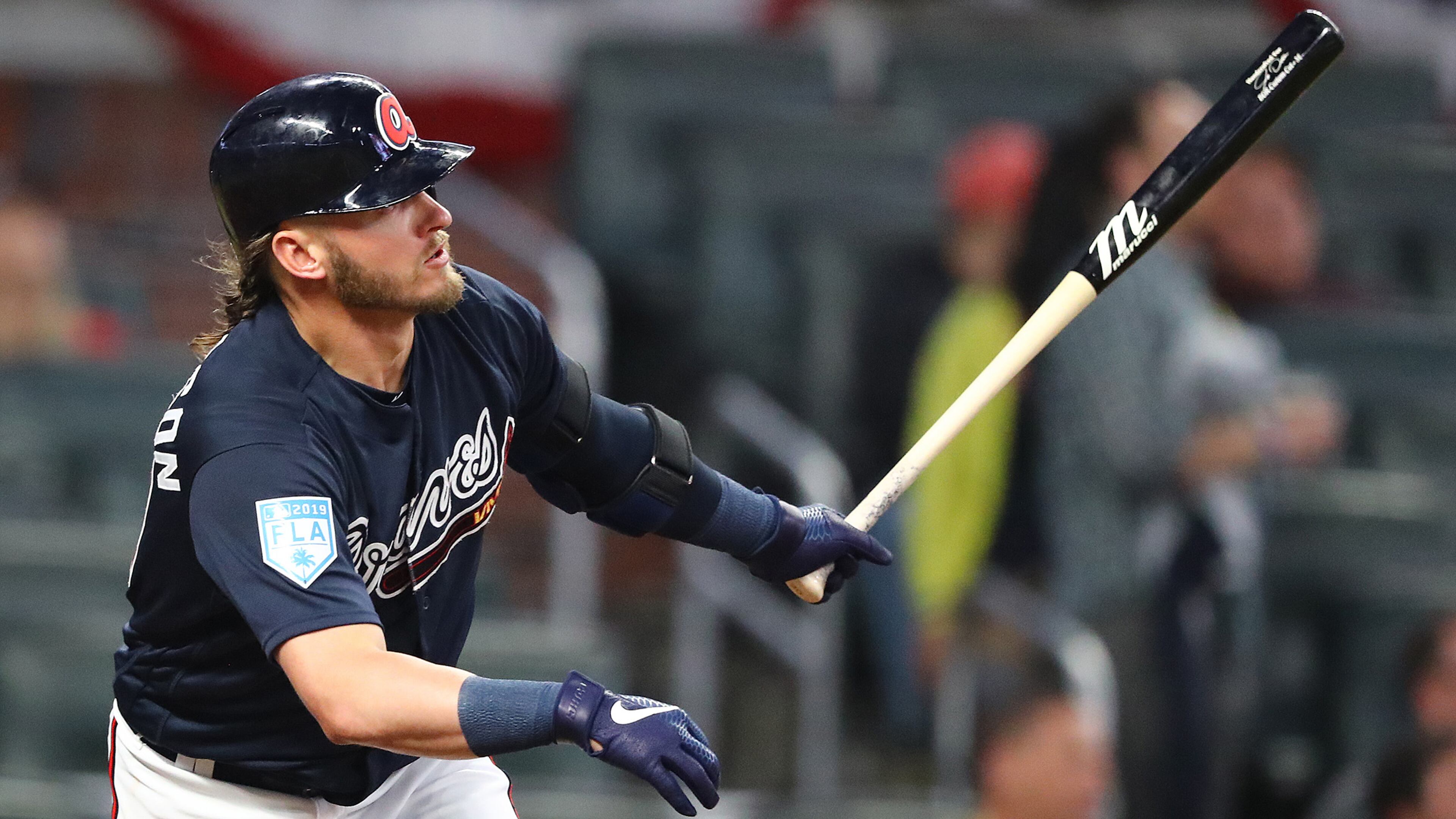 Braves third baseman Josh Donaldson hits a double during the second inning of an exhibition game against the Cincinnati Reds Monday, March 25, 2019, at SunTrust Park in Atlanta.