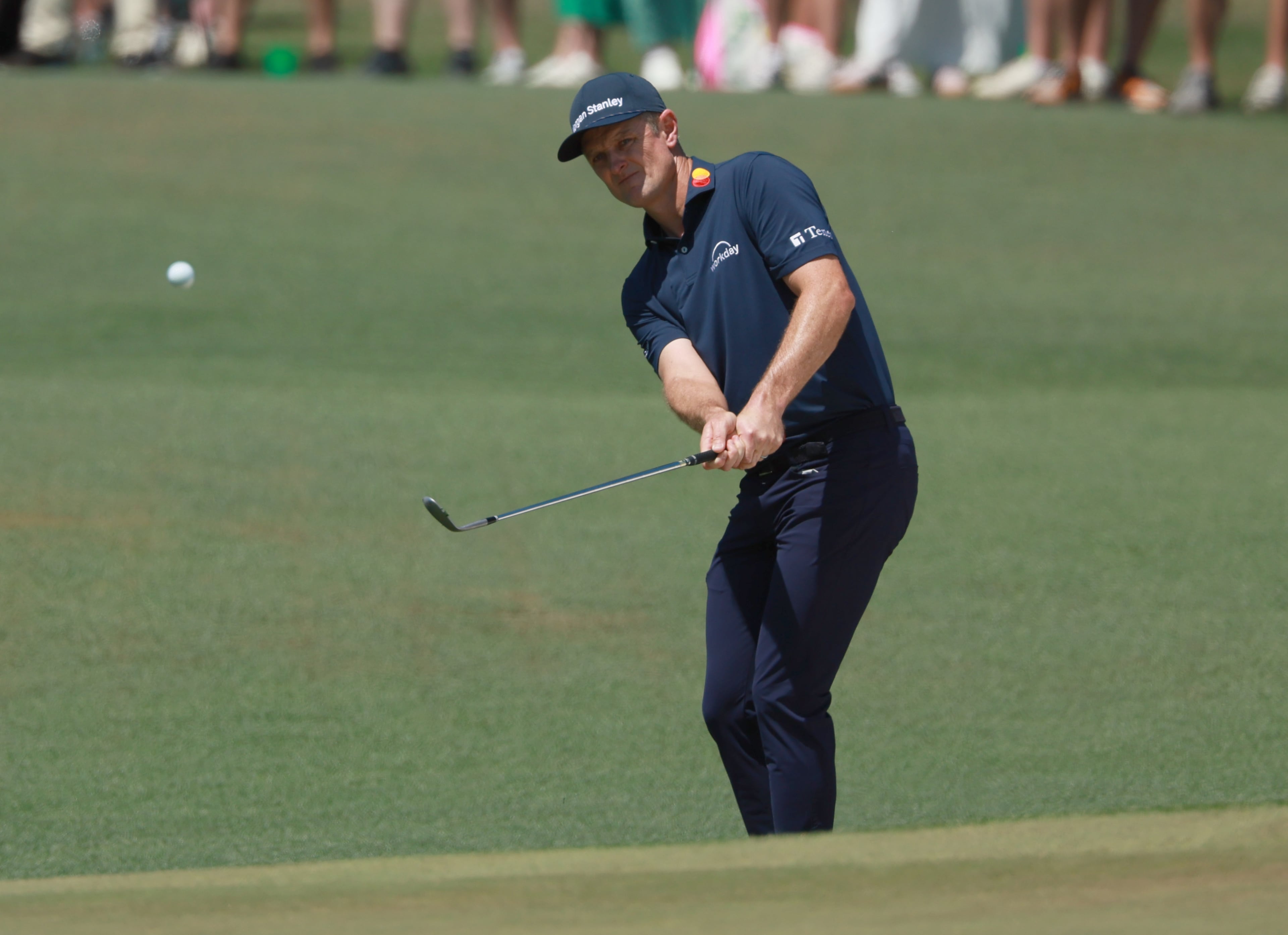 Justin Rose chips to second green during final round of the Masters, at Augusta National Golf Club, Sunday, April 12, 2026, in Augusta, GA (Jason Getz/AJC)