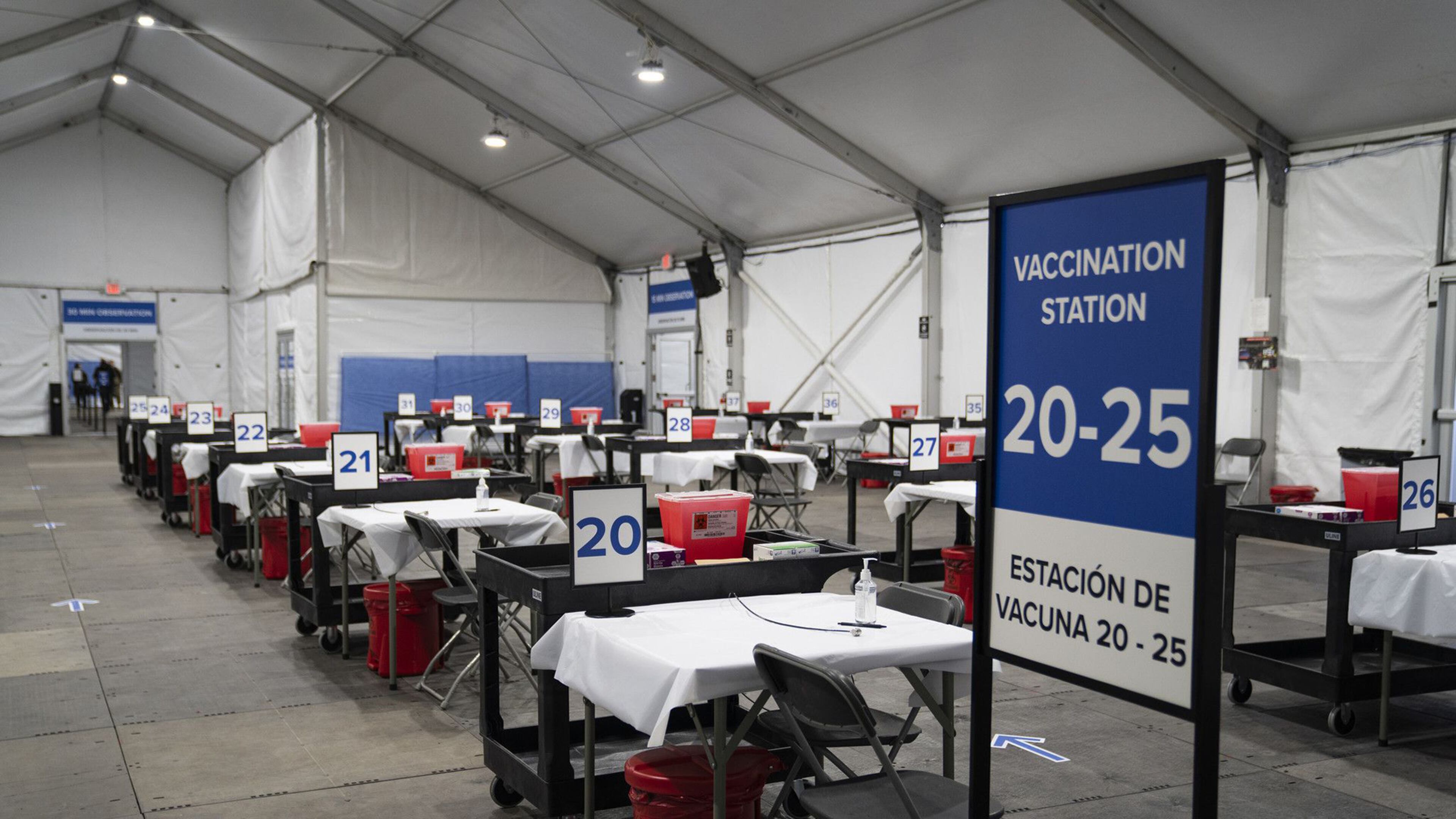 Vaccination stations in a tent at the United Center COVID-19 vaccination site in Chicago on March 8, 2021. (E. Jason Wambsgans/Chicago Tribune/TNS)