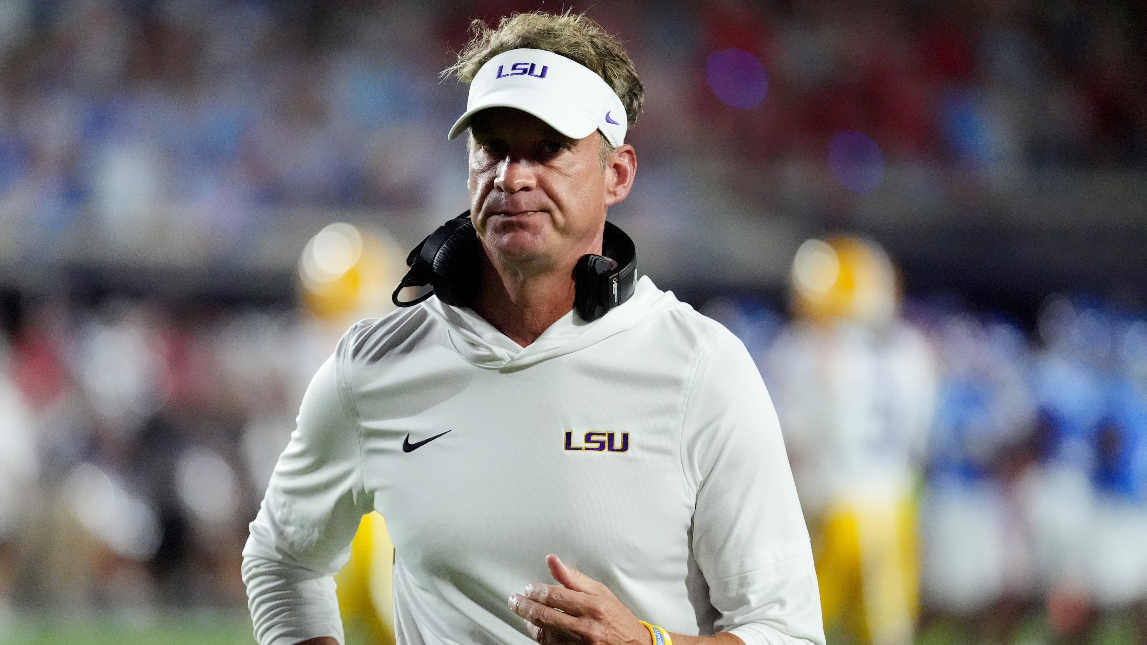 LSU head coach Lane Kiffin gestures towards an official during the first half of an NCAA college football game against Mississippi in Oxford, Miss., Saturday, Sept. 19, 2026. (AP Photo/Rogelio V. Solis)