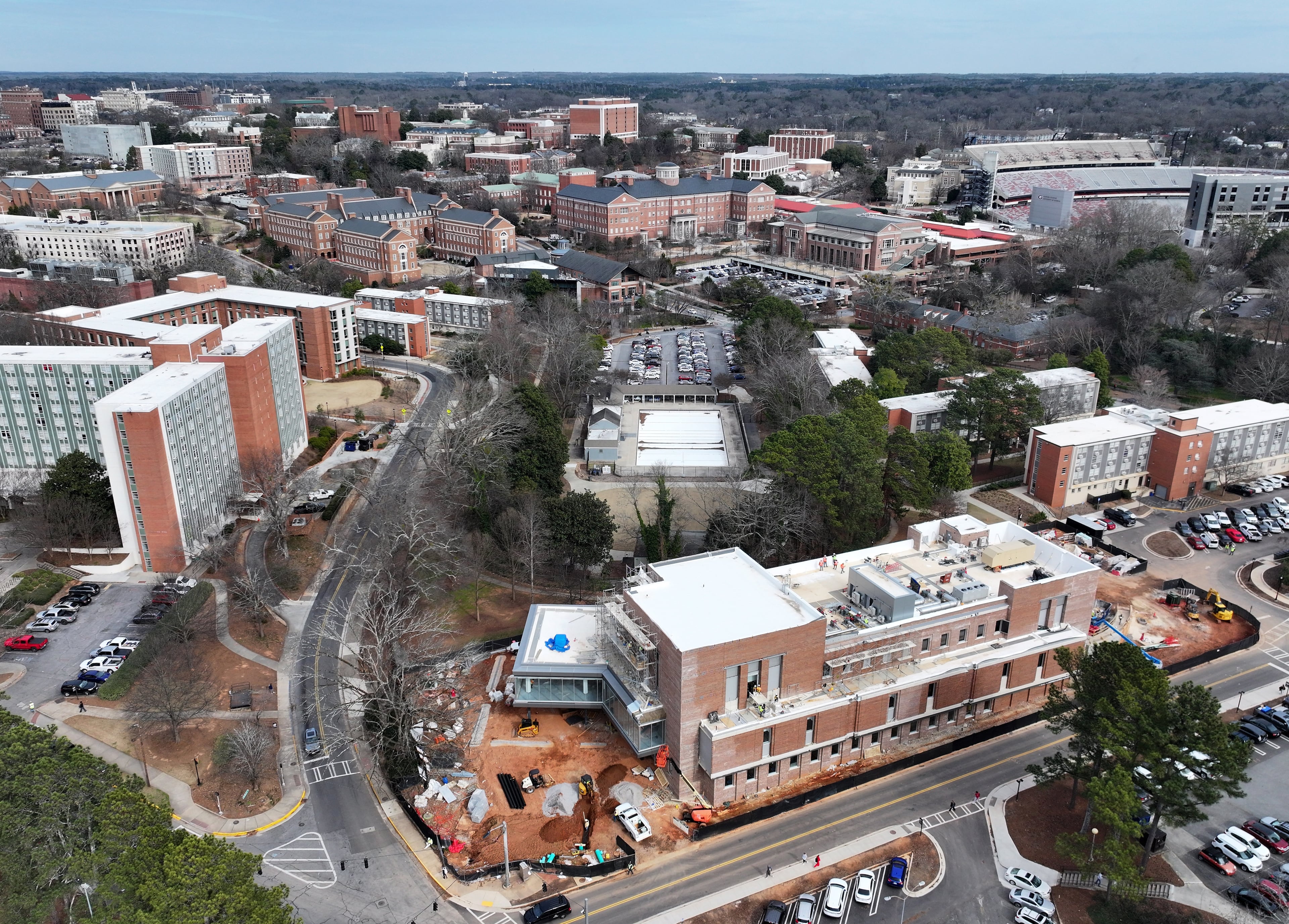 Aerial photo shows Legion Pool (middle) on the University of Georgia campus. (Hyosub Shin/AJC)