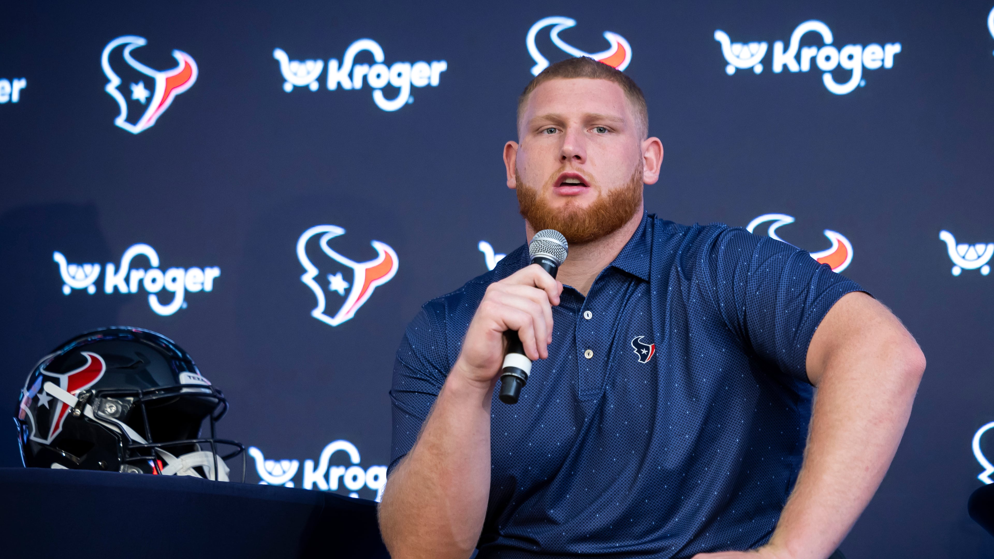 Houston Texans first-round draft pick Keylan Rutledge speaks during an NFL football press conference Friday, April 24, 2026, in Houston. (Annie Mulligan/AP)