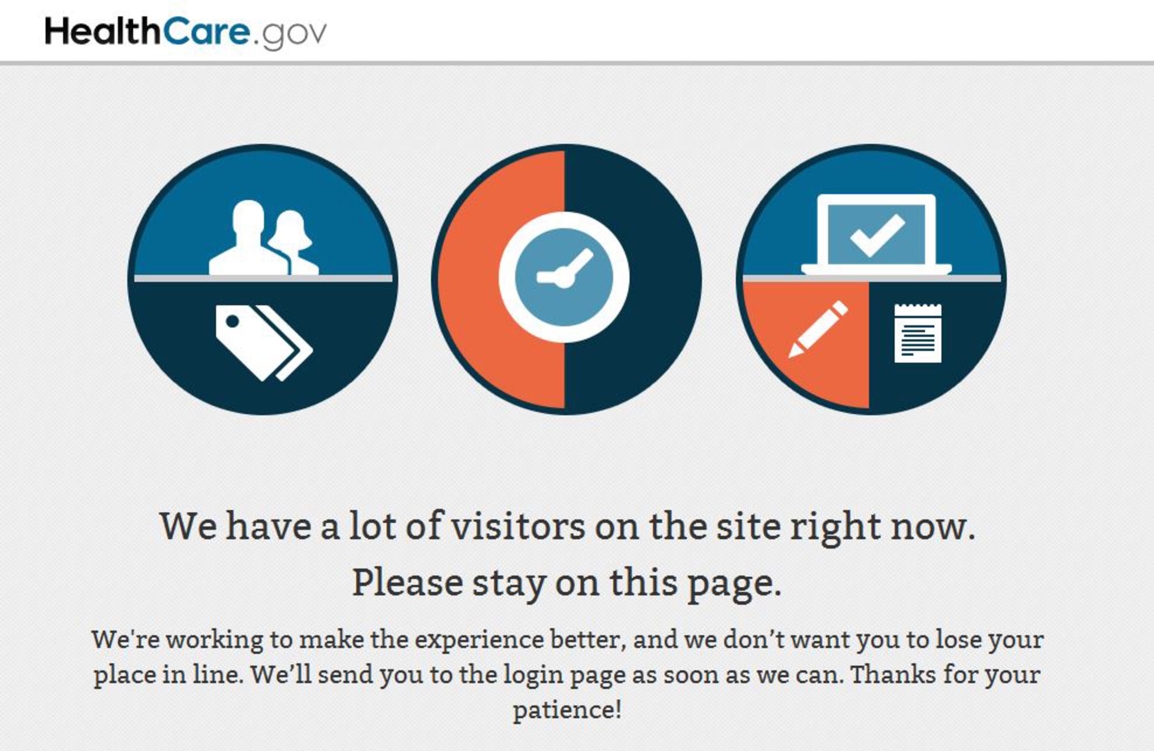Screen capture of the "wait" page that visitors encountered at healthcare.gov on Wednesday. Tuesday's "wait" page was just text.