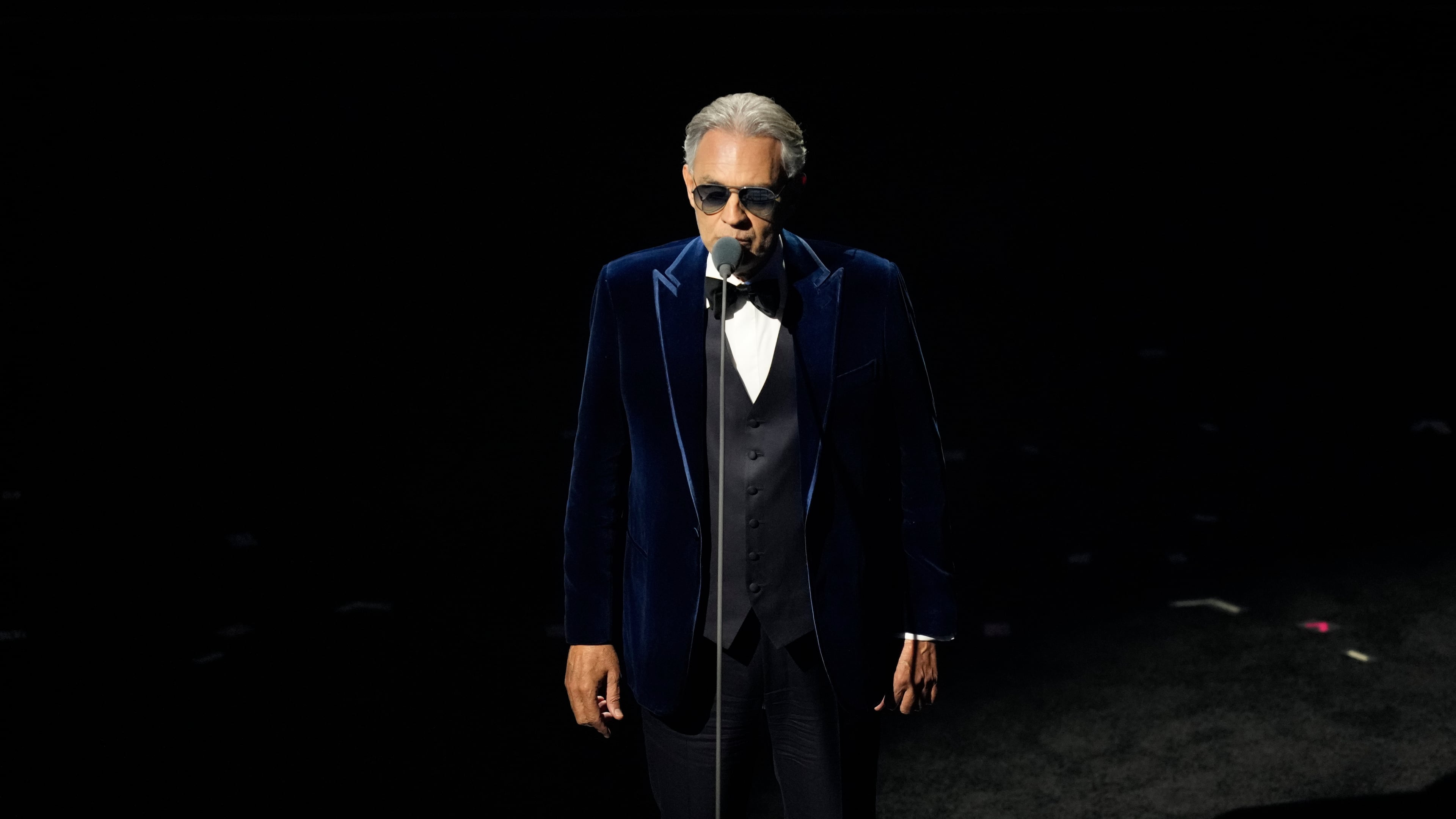 FILE - Singer Andrea Bocelli performs during the draw for the 2026 soccer World Cup at the Kennedy Center in Washington, Friday, Dec. 5, 2025. (AP Photo/Alex Brandon, File)