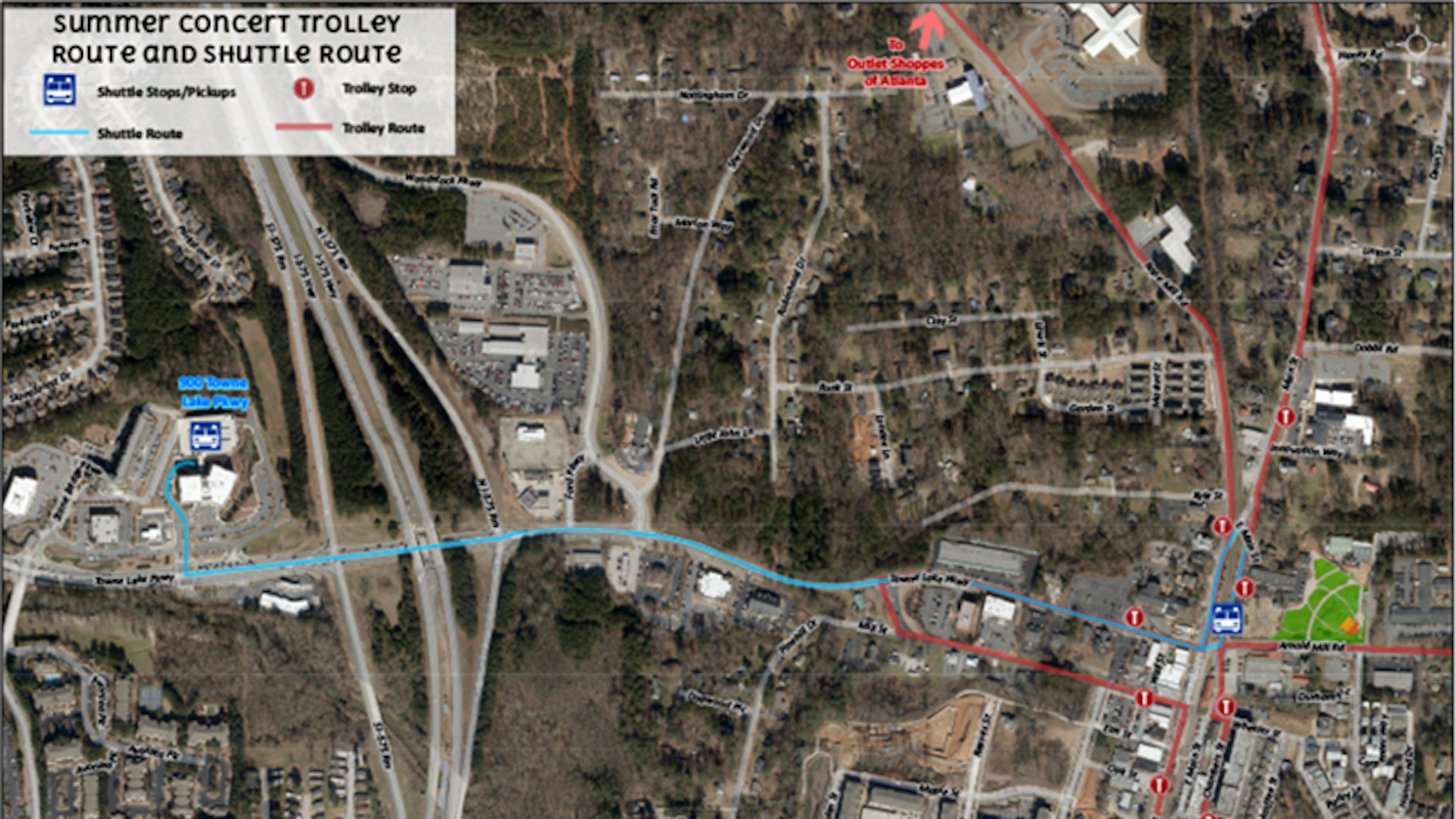 Woodstock will offer a free shuttle (blue route on map) from satellite parking to the Northside Hospital-Cherokee Amphitheater for the “Runaway June” concert Sept. 9. The free Woodstock Trolley (red route) also will be running. CITY OF WOODSTOCK