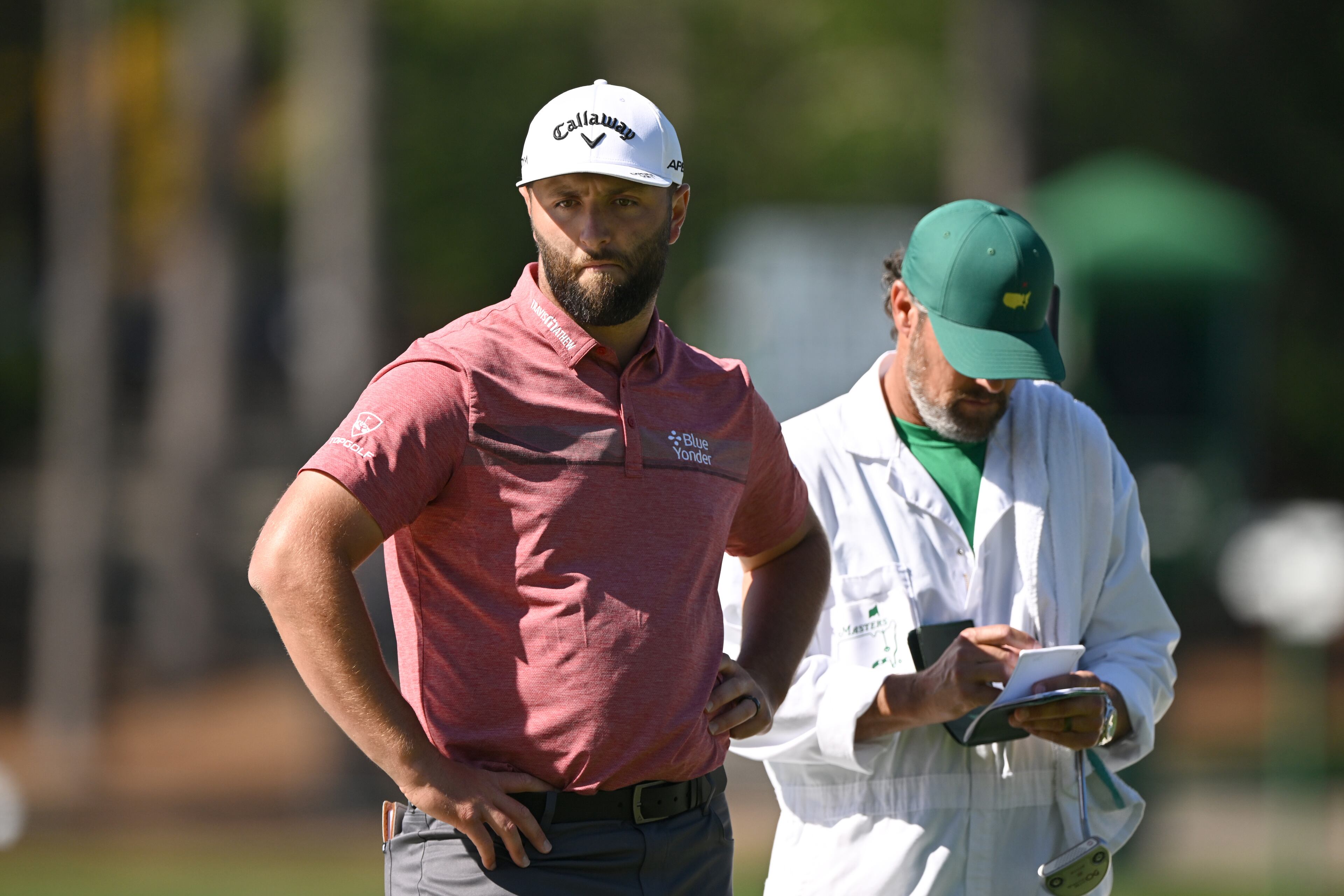 Jon Rahm and caddie Adam Hayes on seventh hole during final round of the 2023 Masters Tournament at Augusta National Golf Club, Sunday, April 9 2023, in Augusta, Ga. (Hyosub Shin / Hyosub.Shin@ajc.com)