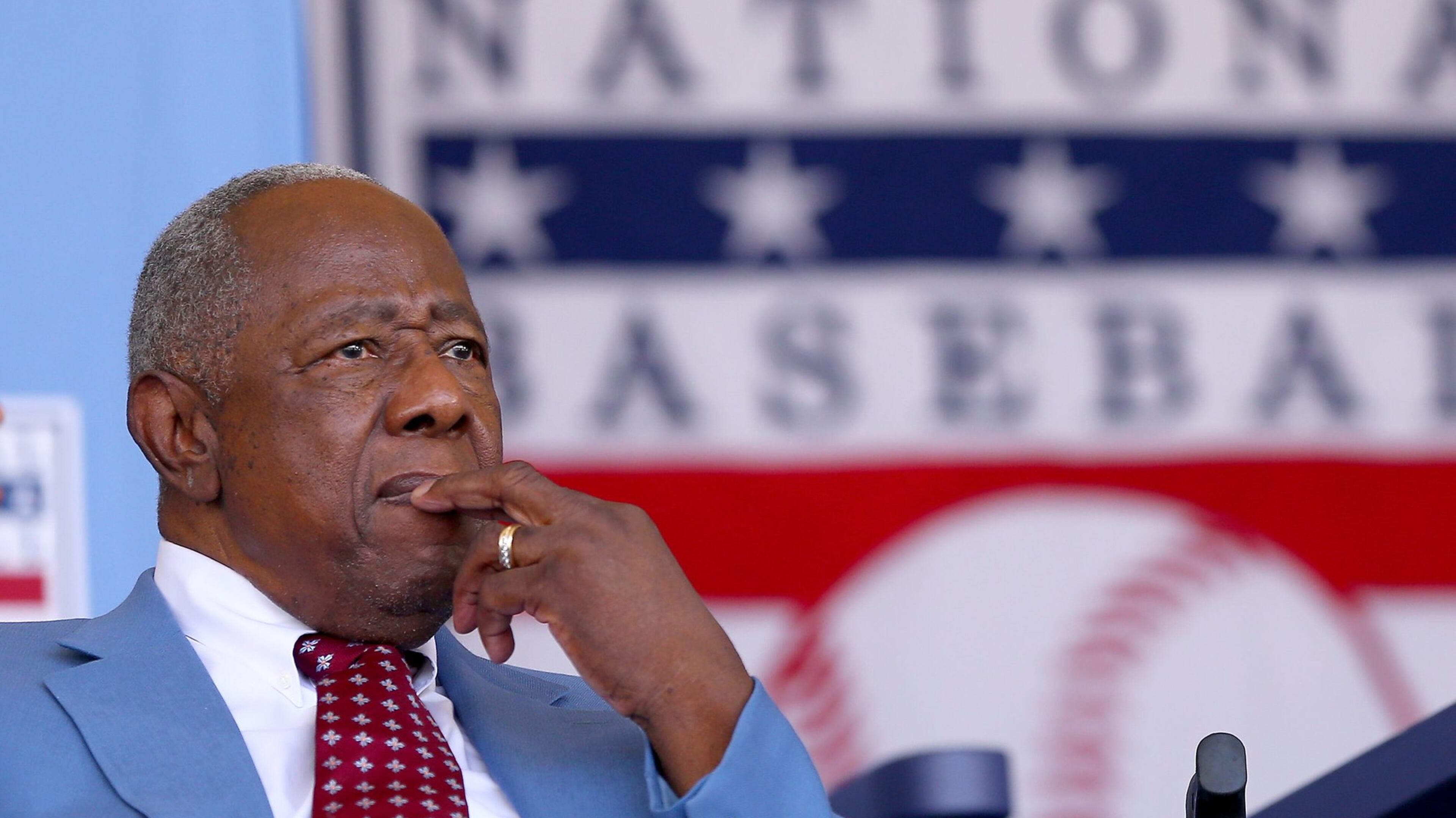 Hank Aaron attends the Hall of Fame Induction Ceremony at National Baseball Hall of Fame on July 26, 2015 in Cooperstown, N.Y. Craig Biggio, Pedro Martinez, Randy Johnson and John Smoltz were inducted in this year’s class. (Photo by Elsa/Getty Images)