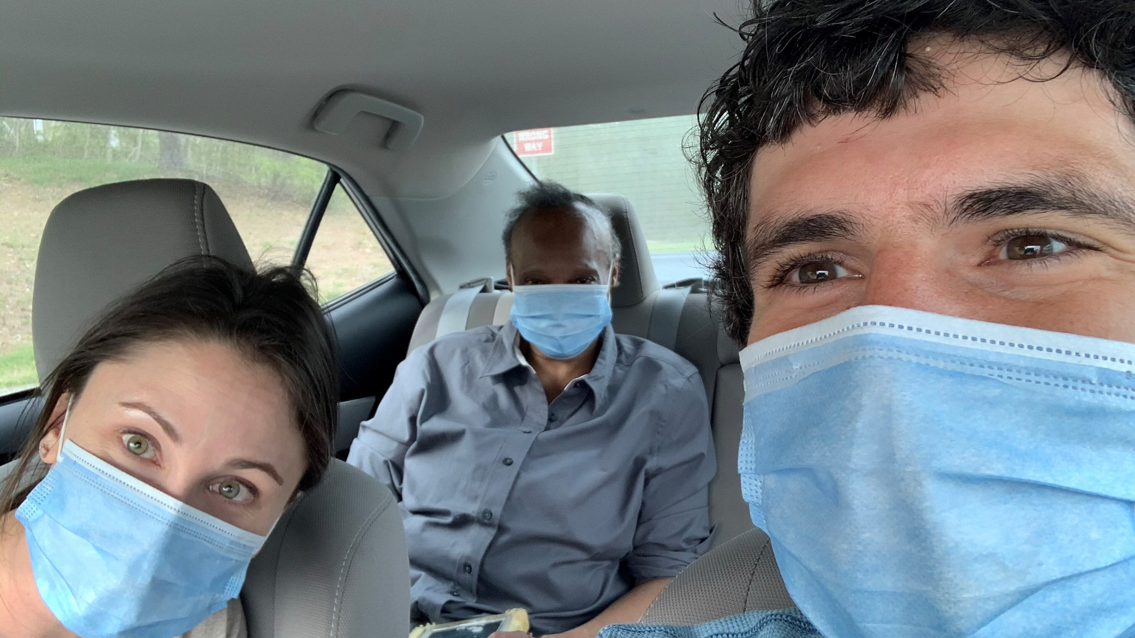 Southern Center for Human Rights lawyers Katie Moss and Mark Loudon-Brown (in front seat) with their client Sheila Denton, who had just been released from Arrendale State Prison in Alto, Georgia, on Wednesday, April 8, 2020, after 16 years in custody. (Photo contributed by Mark Loudon-Brown)