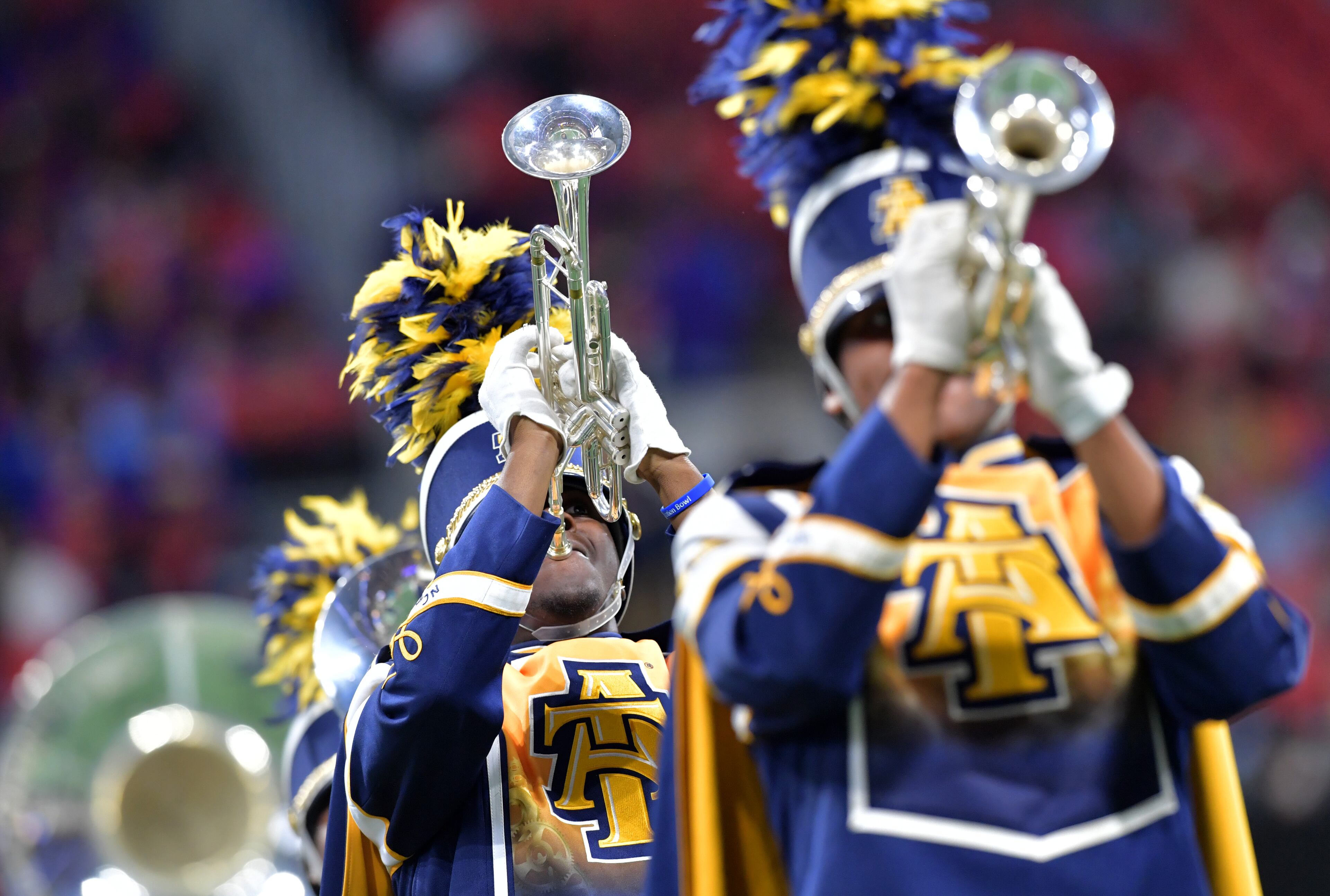 December 15, 2018 Atlanta - North Carolina A&T marching band members perform during the 2018 Celebration Bowl at Mercedes-Benz Stadium on Saturday, December 15, 2018. HYOSUB SHIN / HSHIN@AJC.COM