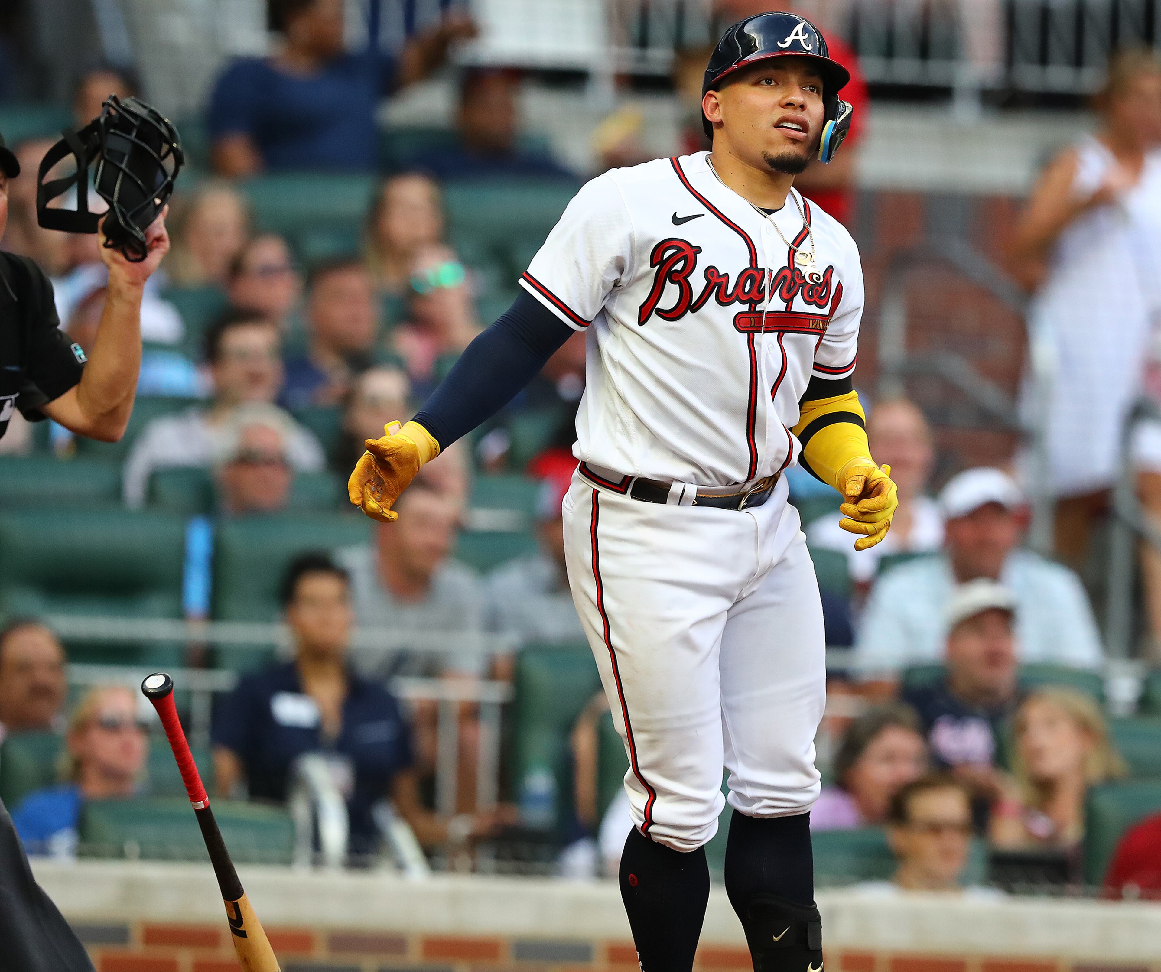 Braves catcher William Contreras hits a 2-RBI home run to take a 5-1 lead over the St. Louis Cardinals during the first inning in a MLB baseball game on Tuesday, July 5, 2022, in Atlanta. The Braves won 7-1. “Curtis Compton / Curtis.Compton@ajc.com”