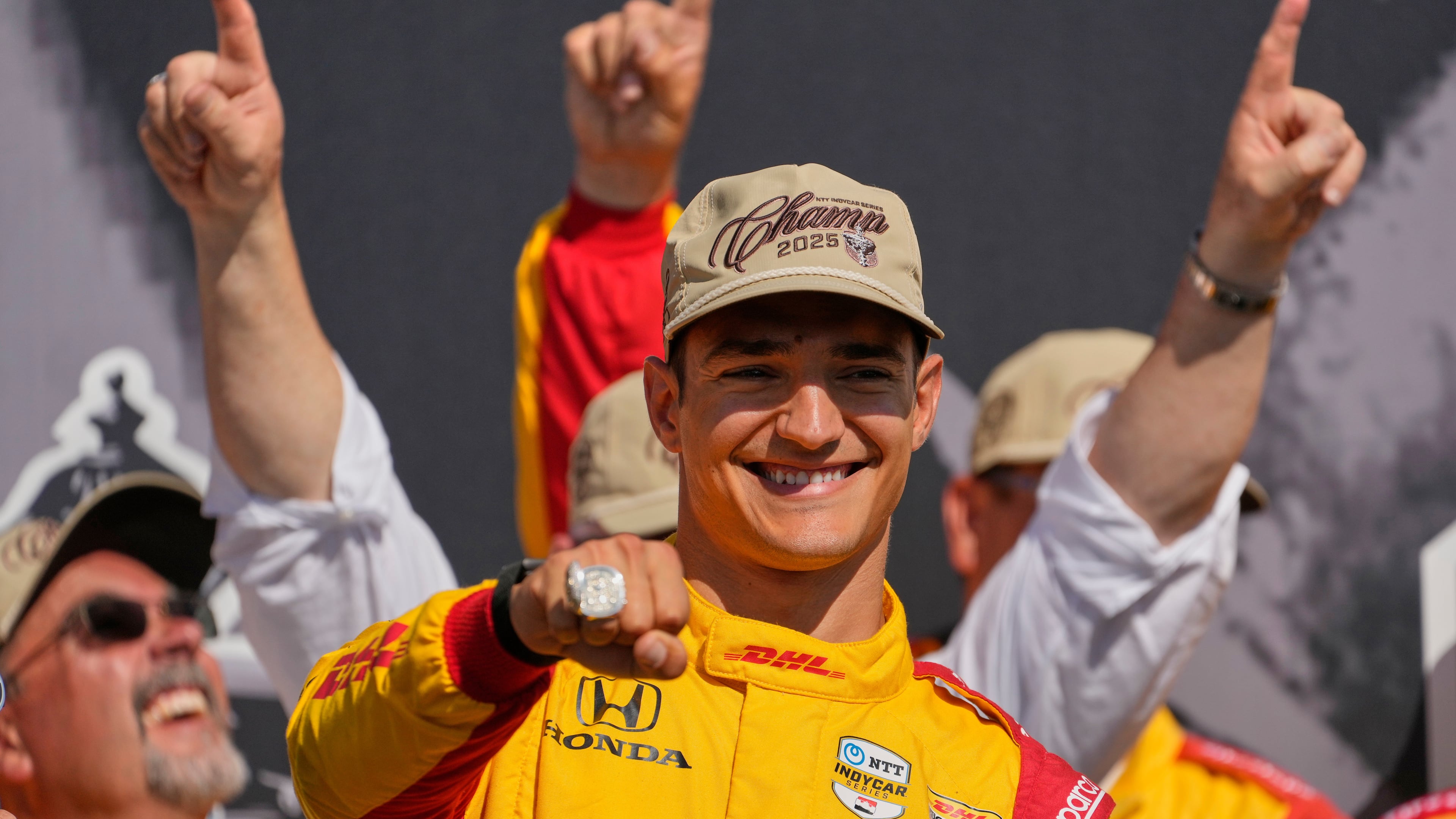 FILE - Alex Palou celebrates after winning the IndyCar championship Sunday, Aug. 31, 2025, at Nashville Superspeedway in Lebanon, Tenn. (AP Photo/George Walker IV, file)