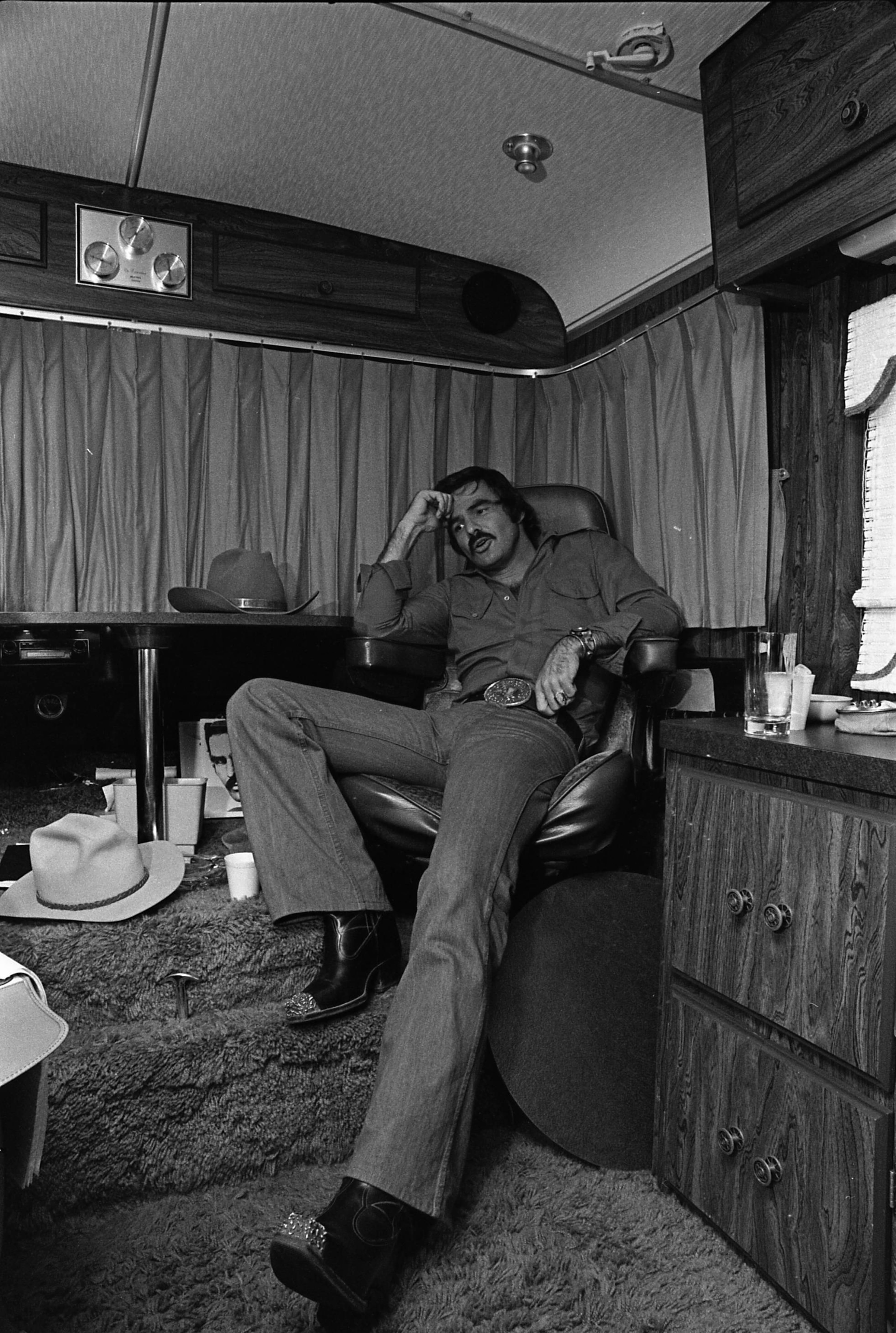Burt Reynolds in his trailer on the set of "Smokey and the Bandit" on Sept. 23, 1976. George Clark/AJC