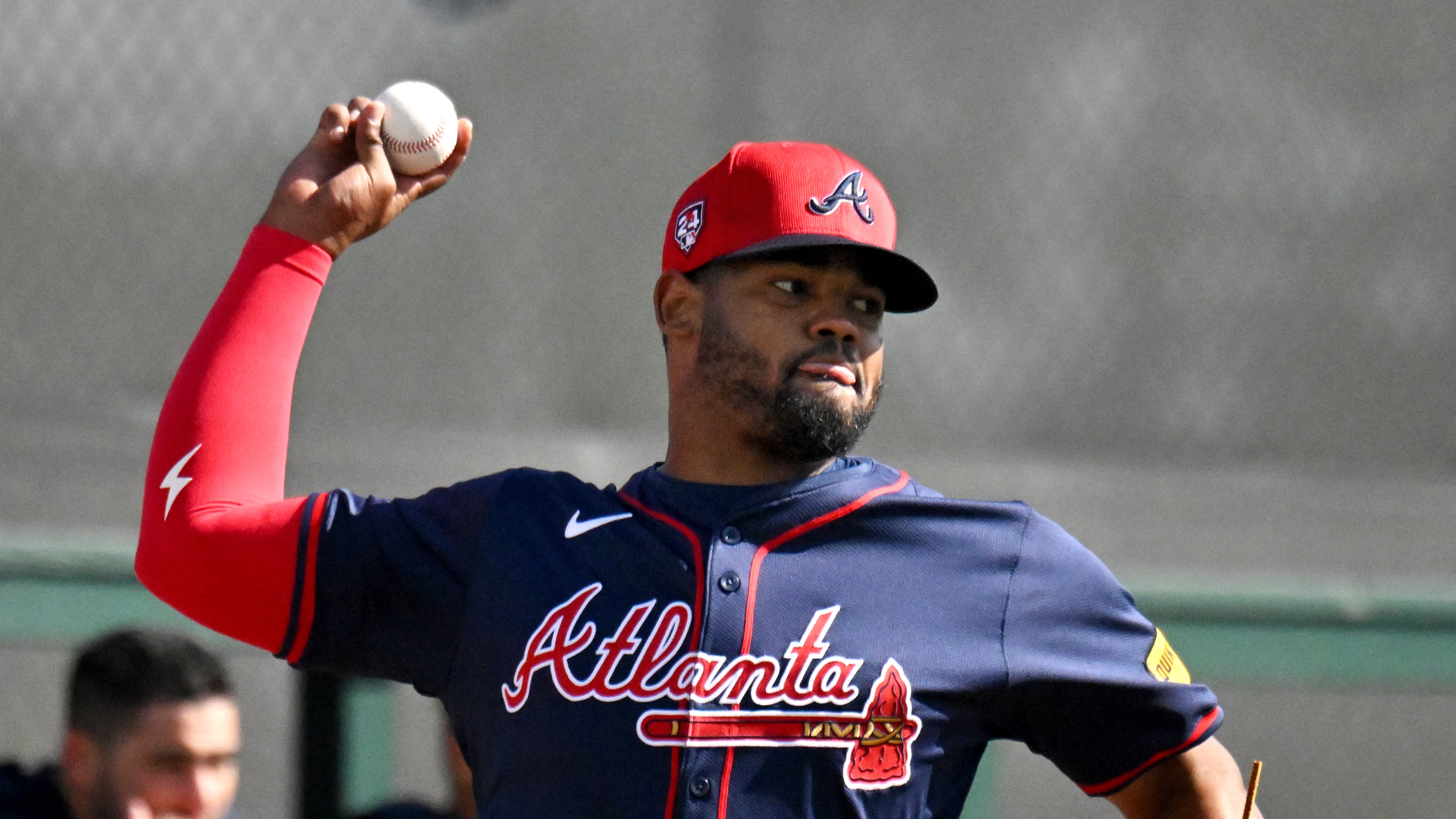 Atlanta Braves pitcher Reynaldo Lopez throws in the bullpen during spring training workouts at CoolToday Park, Monday, February, 19, 2024, in North Port, Florida. (Hyosub Shin / Hyosub.Shin@ajc.com)