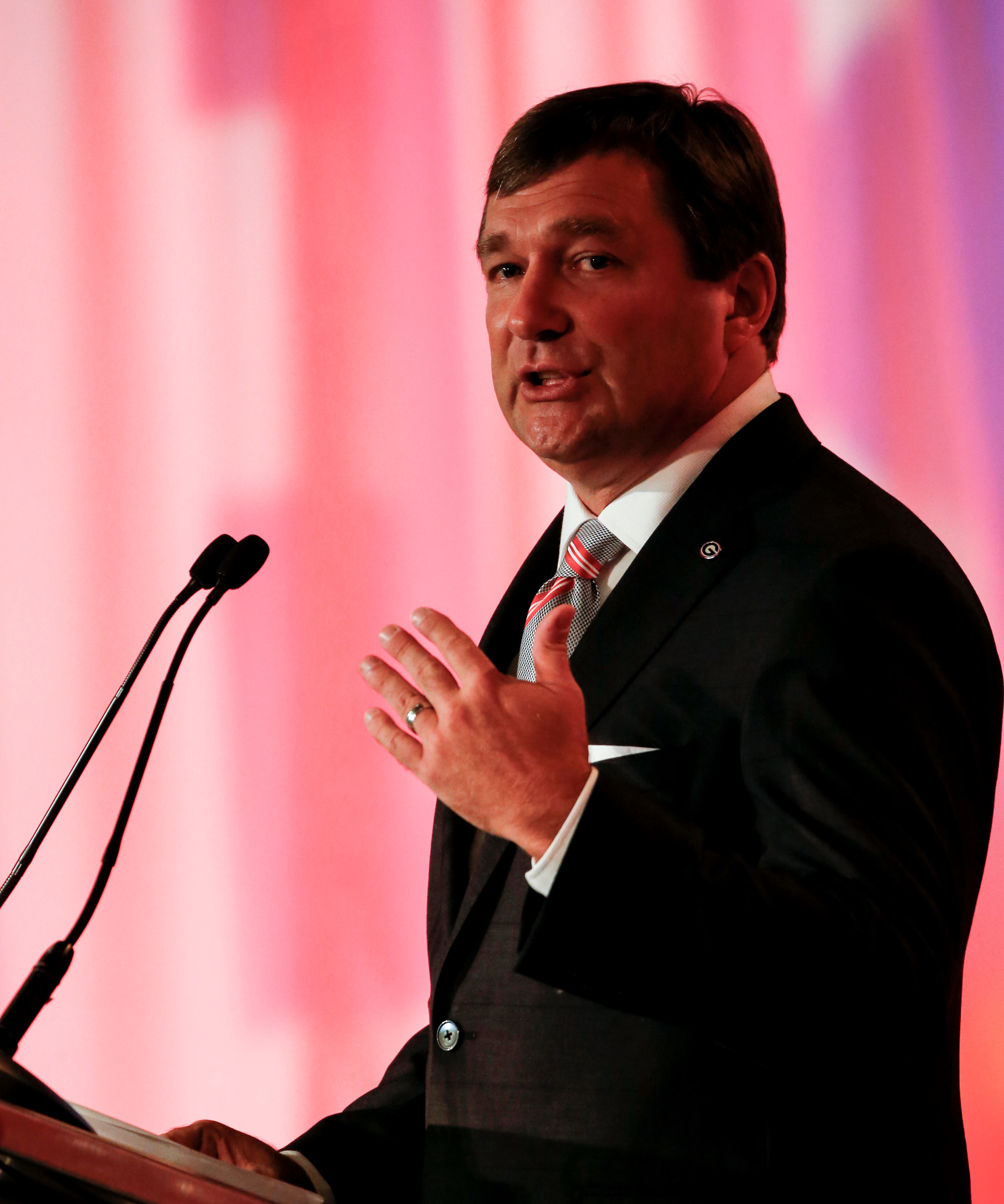 Kirby Smart speaks during the Southeastern Conference's annual media gathering, Tuesday, July 11, 2017, in Hoover, Ala.