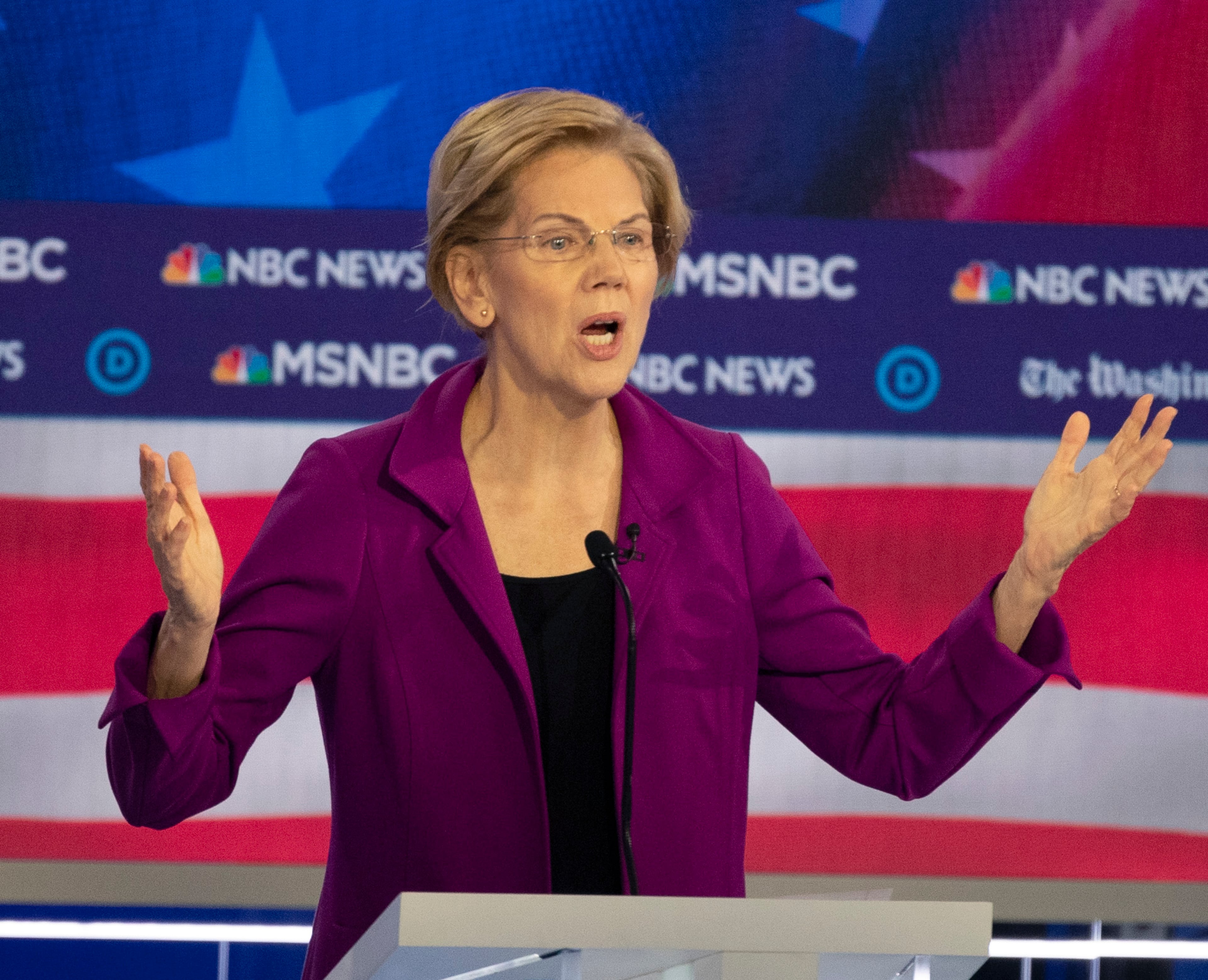 11/20/2019 -- Atlanta, Georgia -- Senator Elizabeth Warren speaks, during the MSNBC/The Washington Post Democratic Presidential debate inside the Oprah Winfrey Soundstage at Tyler Perry Studios, Monday, November 20, 2019. (Alyssa Pointer/Atlanta Journal Constitution)