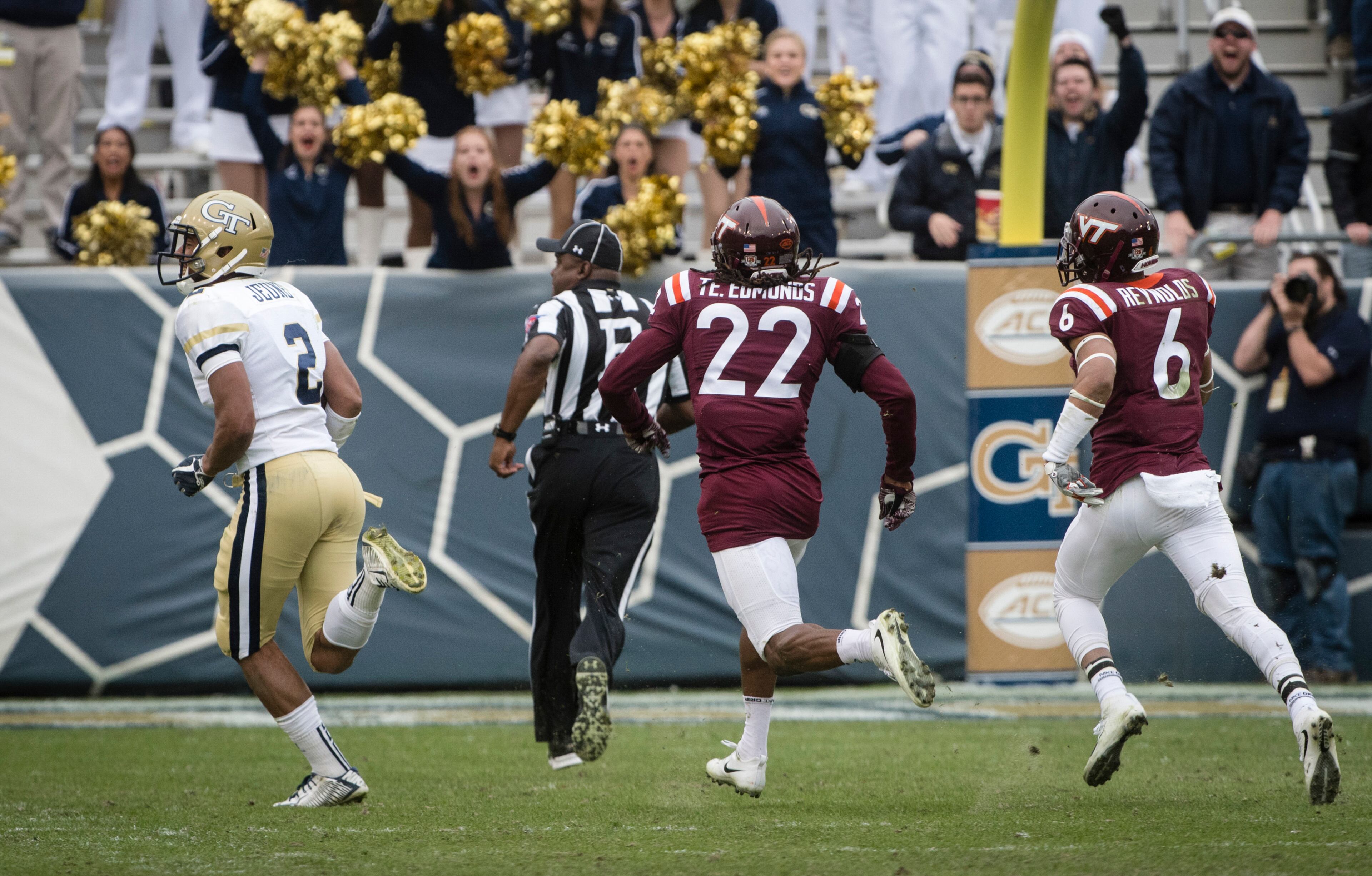 Georgia Tech wide receiver Ricky Jeune (2) runs for a touchdown as Virginia Tech safety Terrell Edmunds (22) and defensive back Mook Reynolds (6) give chase during the fourth quarter of a football game on Saturday, Nov.11, 2017, in Atlanta. (Photo/John Amis)