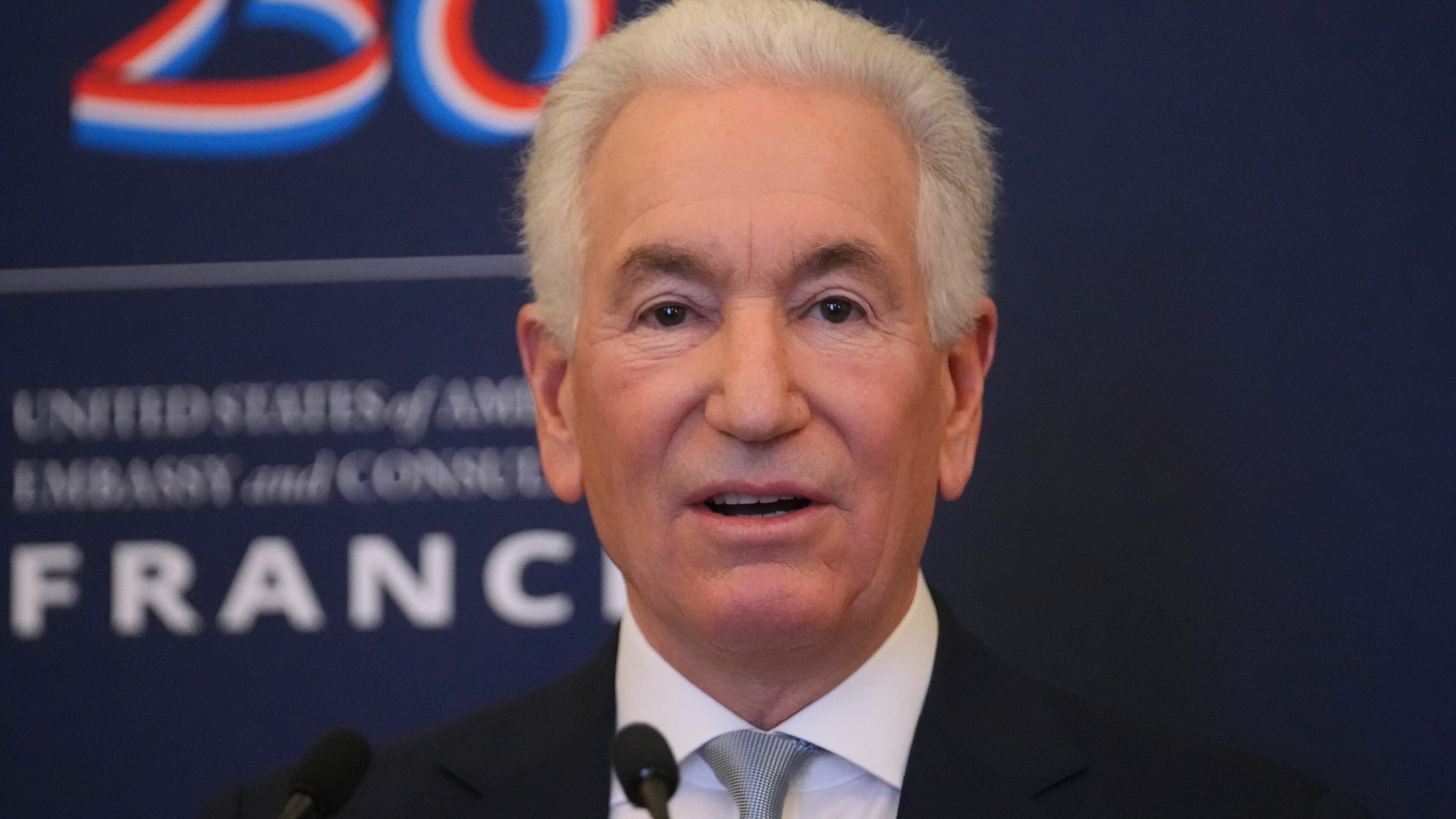 FILE - U.S. Ambassador to France Charles Kushner gives a news conference marking the 250th birthday of the U.S. in 2026, in Paris, Dec. 4, 2025. (AP Photo/Christophe Ena, File)