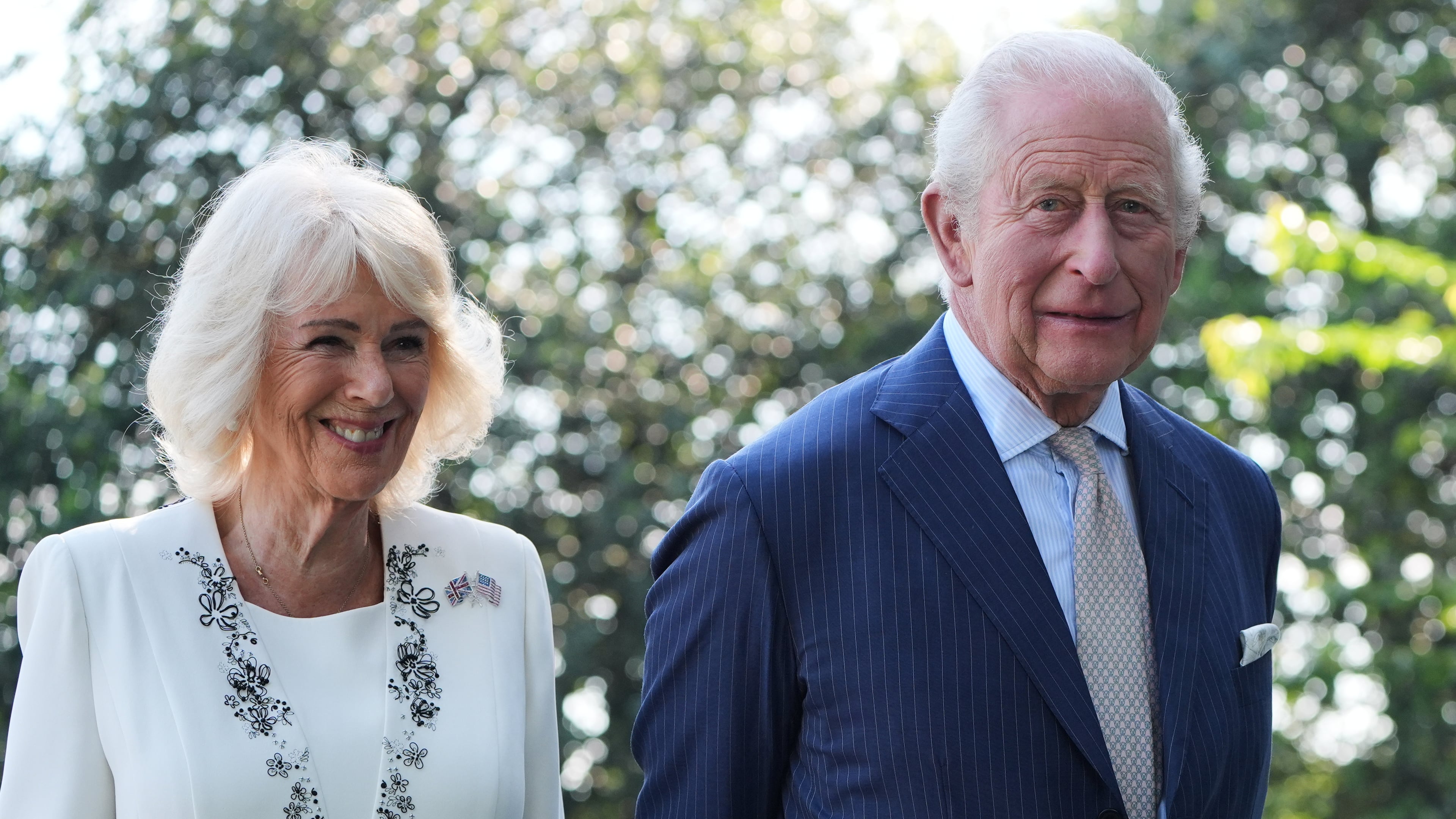 Britain's King Charles III and Queen Camilla stand next to the White House bee hive on the South Lawn of the White House, Monday, April 27, 2026, in Washington. (AP Photo/Alex Brandon, Pool)