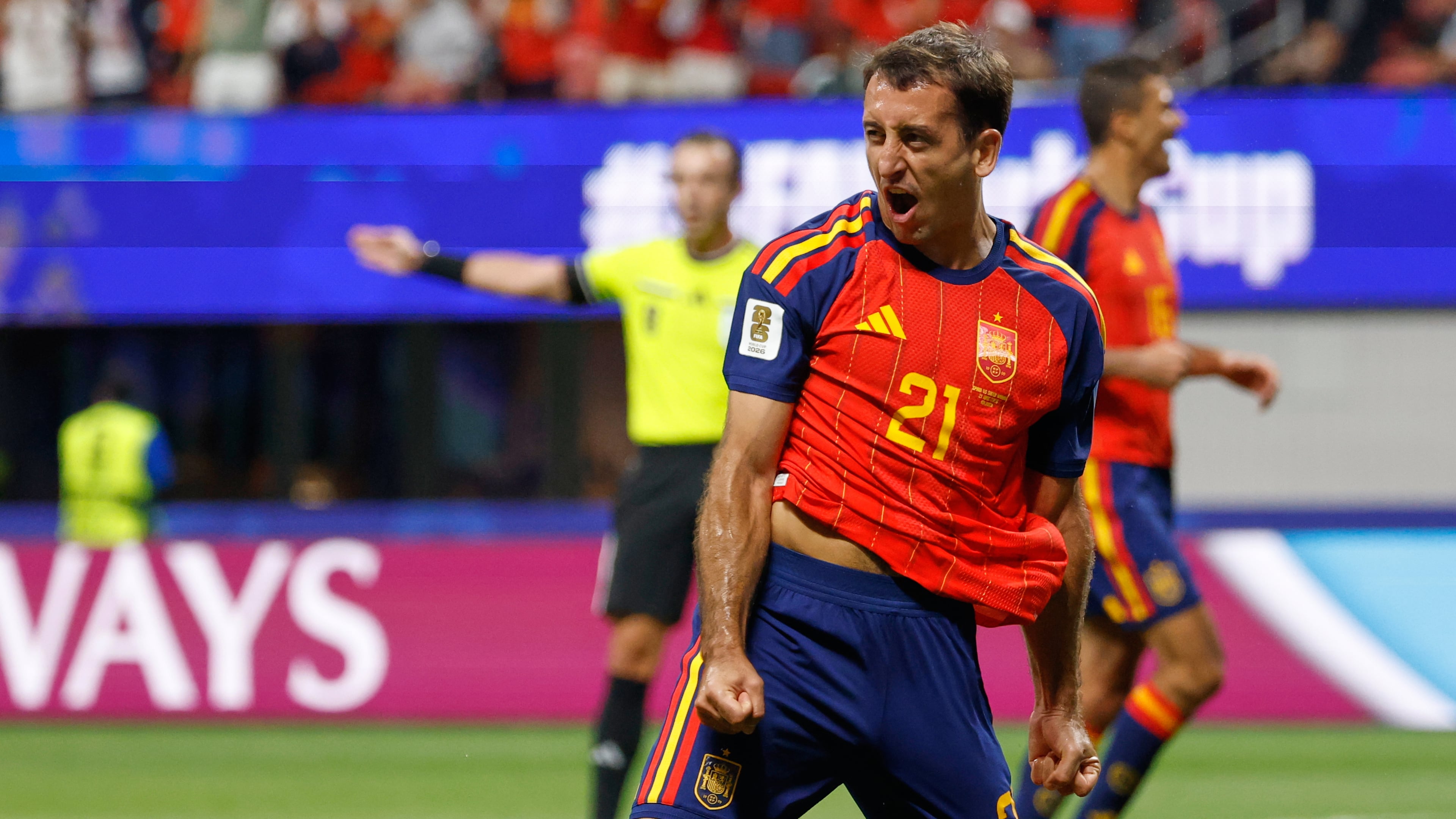 Spain's Mikel Oyarzabal celebrates after scoring during the World Cup Group H soccer match between Spain and Saudi Arabia in Atlanta, Sunday, June 21, 2026. (AP Photo/Erik S.Lesser)