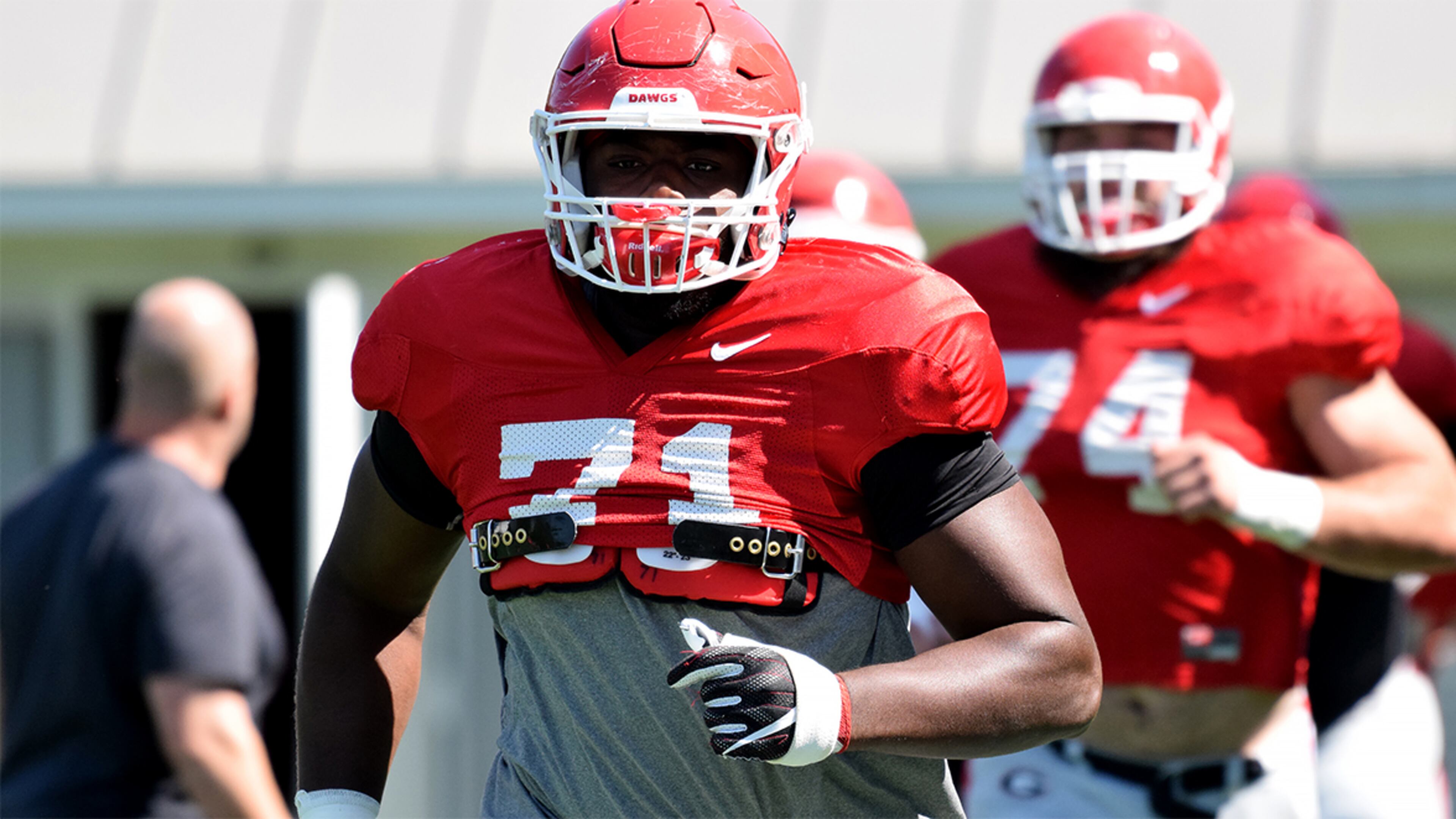 Georgia offensive lineman Andrew Thomas (71) during the Bulldogs' practice Tuesday, April 17, 2018, on the Woodruff Practice Fields in Athens.