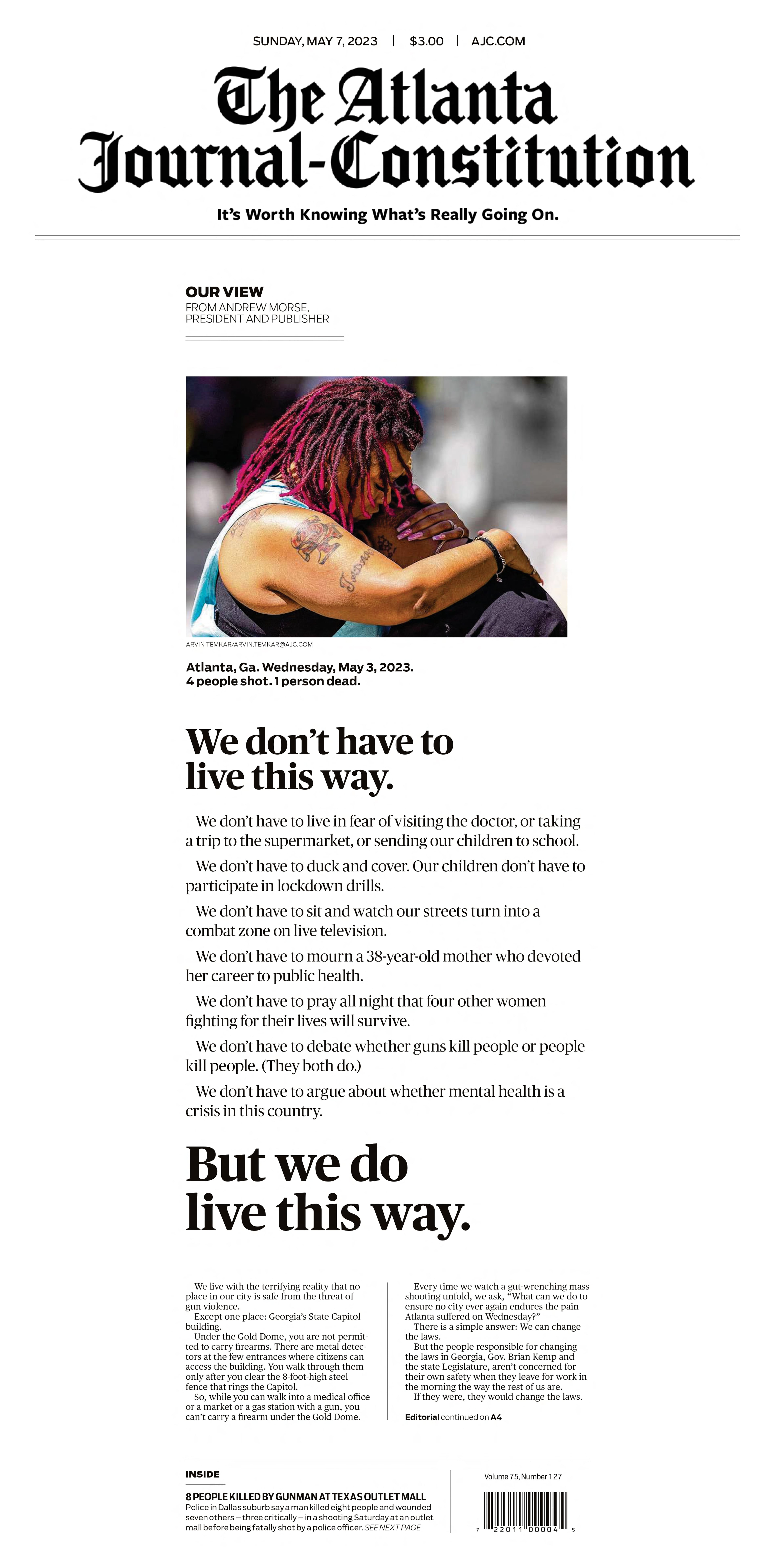 The front page of the Sunday edition of The Atlanta Journal-Constitution, May 7, 2023.