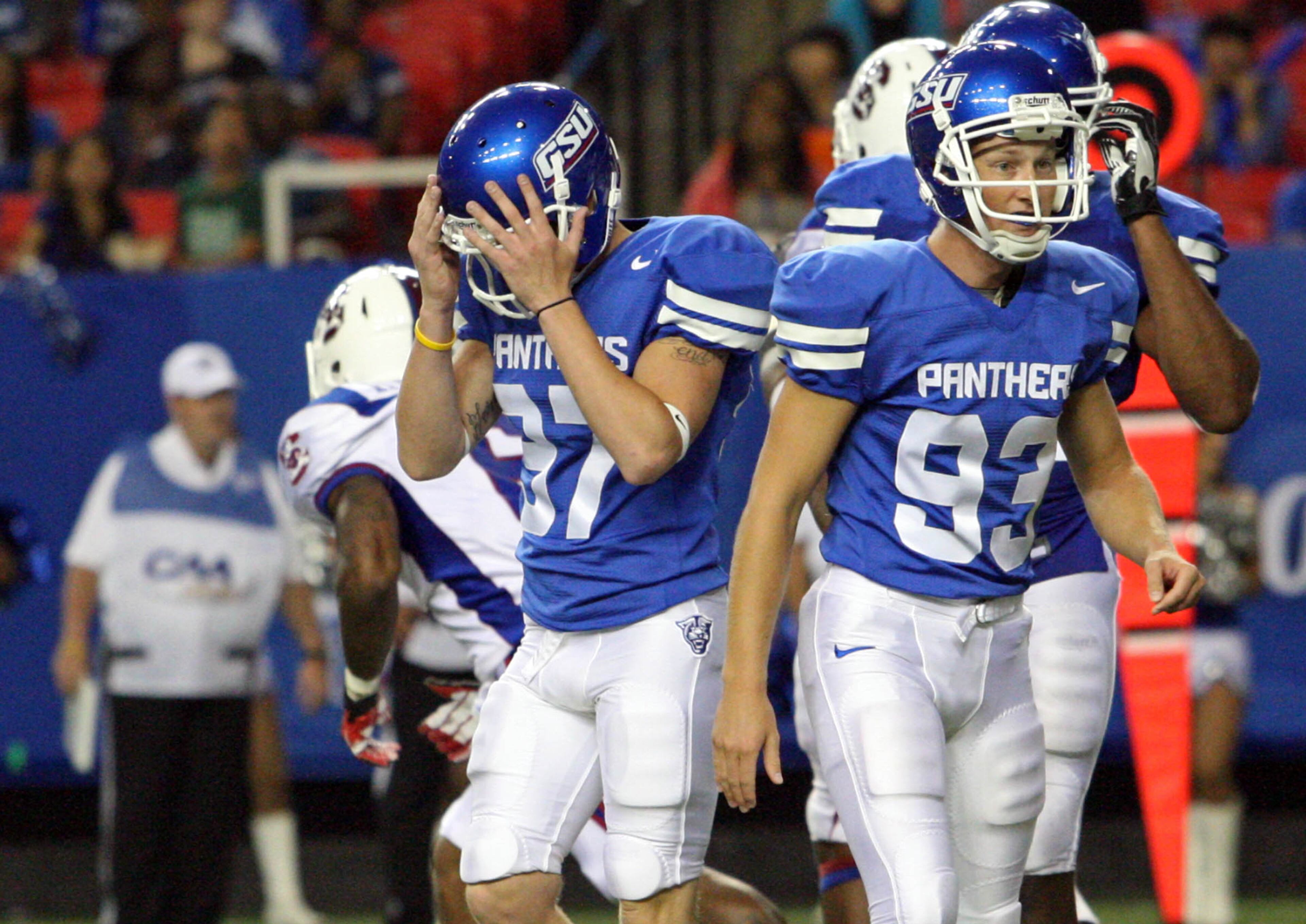 August 30, 2012 - Atlanta, Ga: Georgia State University kicker Matt Ehasz (97) reacts after missing a field goal in the first half in their game against South Carolina State in the Georgia Dome Thursday night in Atlanta, Ga., August 30, 2012. Also pictured is GSU holder David Miller (93). JASON GETZ / JGETZ@AJC.COM