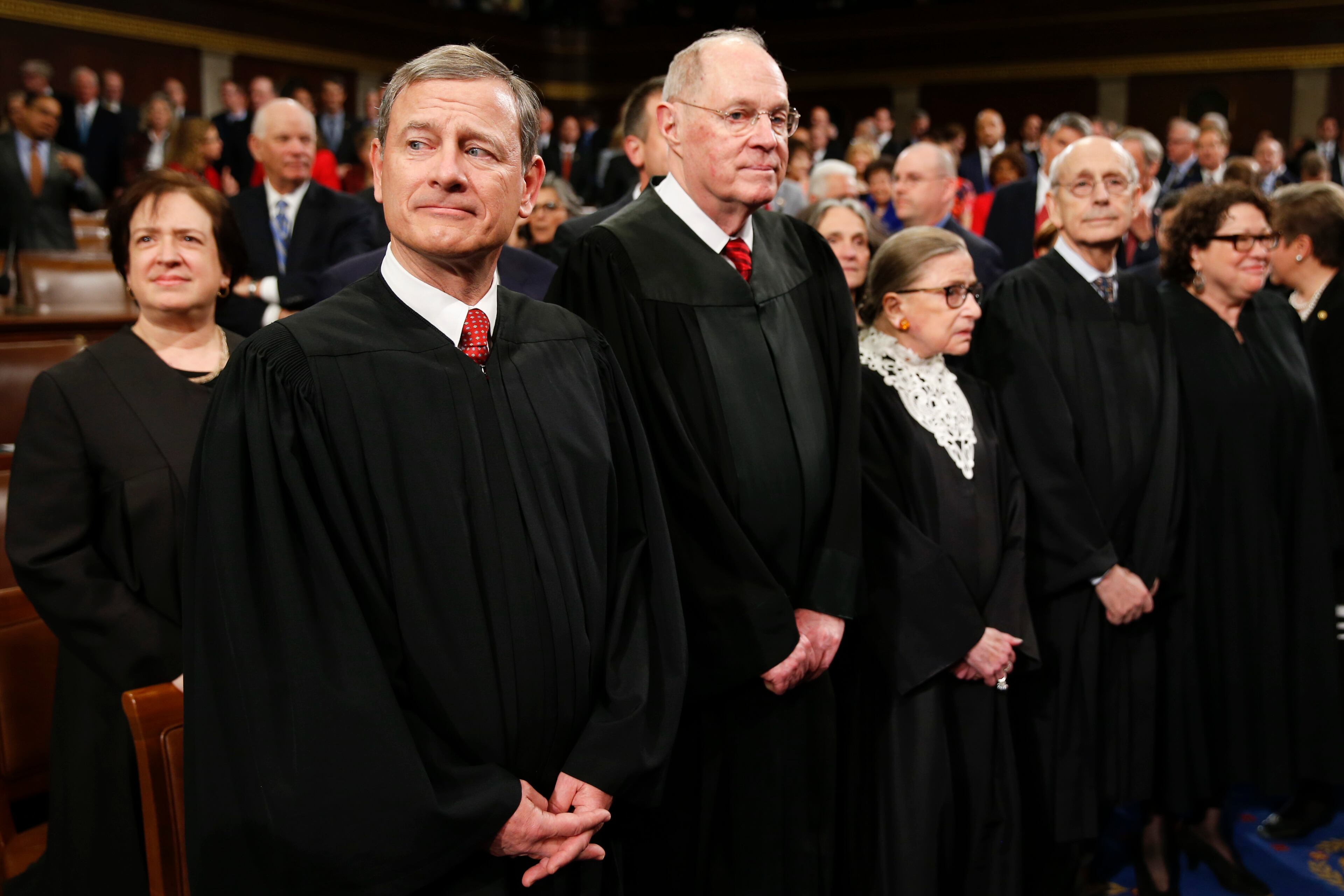 Supreme Court Justice Elena Kagan, from left, Chief Justice John Roberts, Justice Anthony Kennedy, Justice Ruth Bader Ginsburg, Justice Stephen Breyer, and Justice Sonia Sotomayor arrive before President Barack Obama delivers the State of the Union address to a joint session of Congress on Capitol Hill in Washington, Tuesday, Jan. 12, 2016. (AP Photo/Evan Vucci)