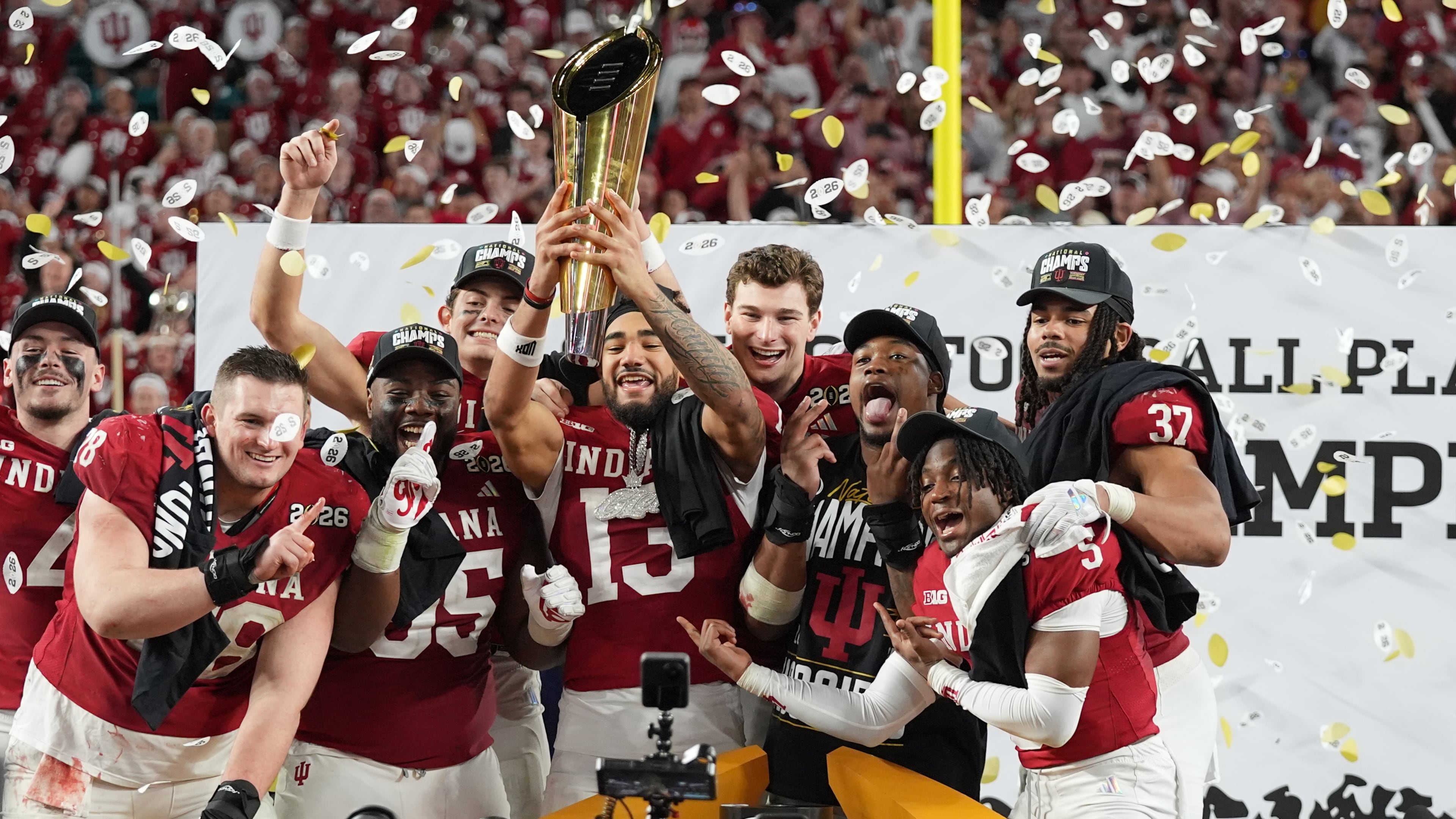Indiana holds the trophy after their win against Miami in the College Football Playoff national championship game, Monday, Jan. 19, 2026, in Miami Gardens, Fla. (AP Photo/Lynne Sladky)